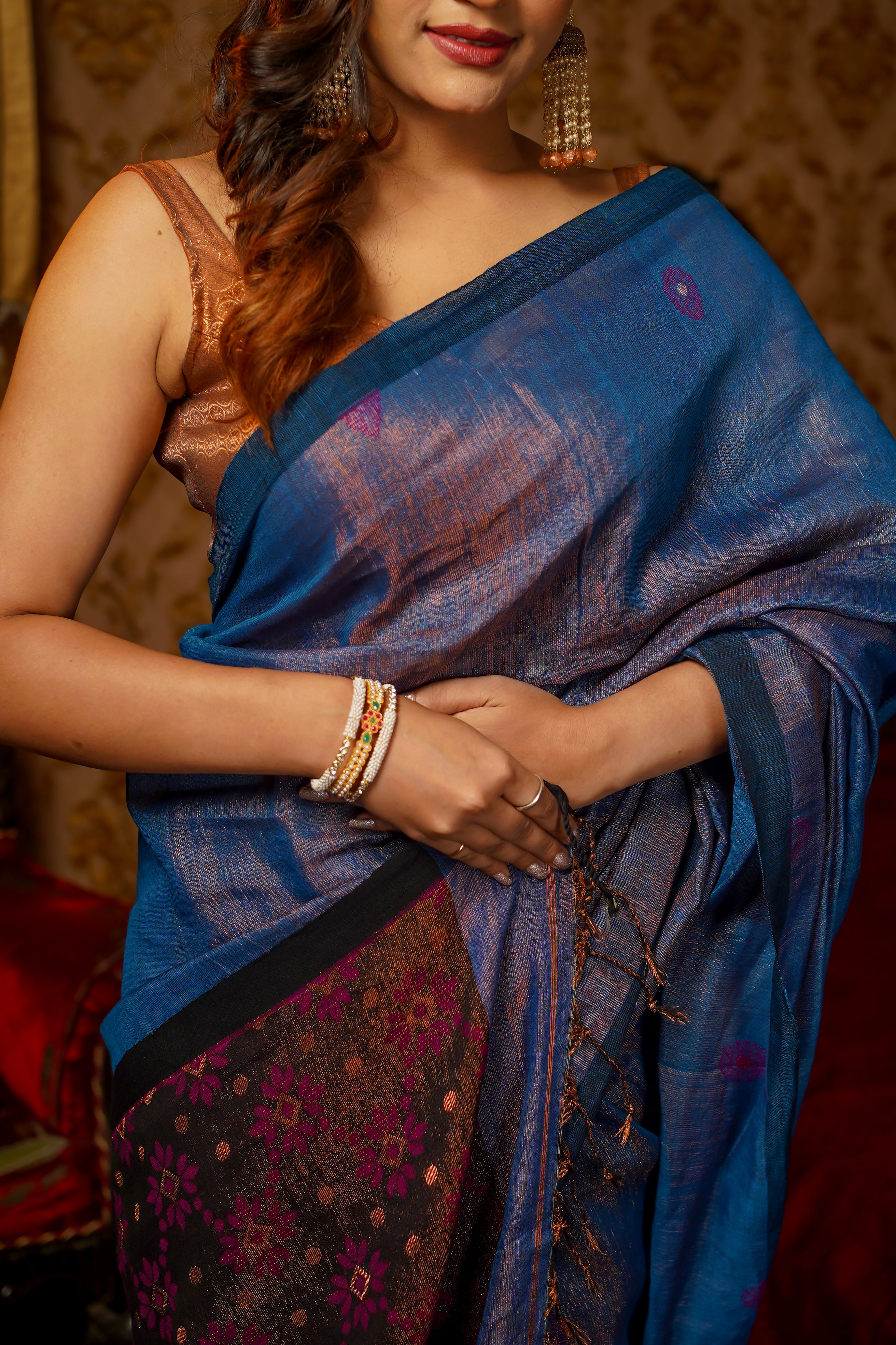 Sapphire Pure Tissue Mina Linen Handwoven Saree