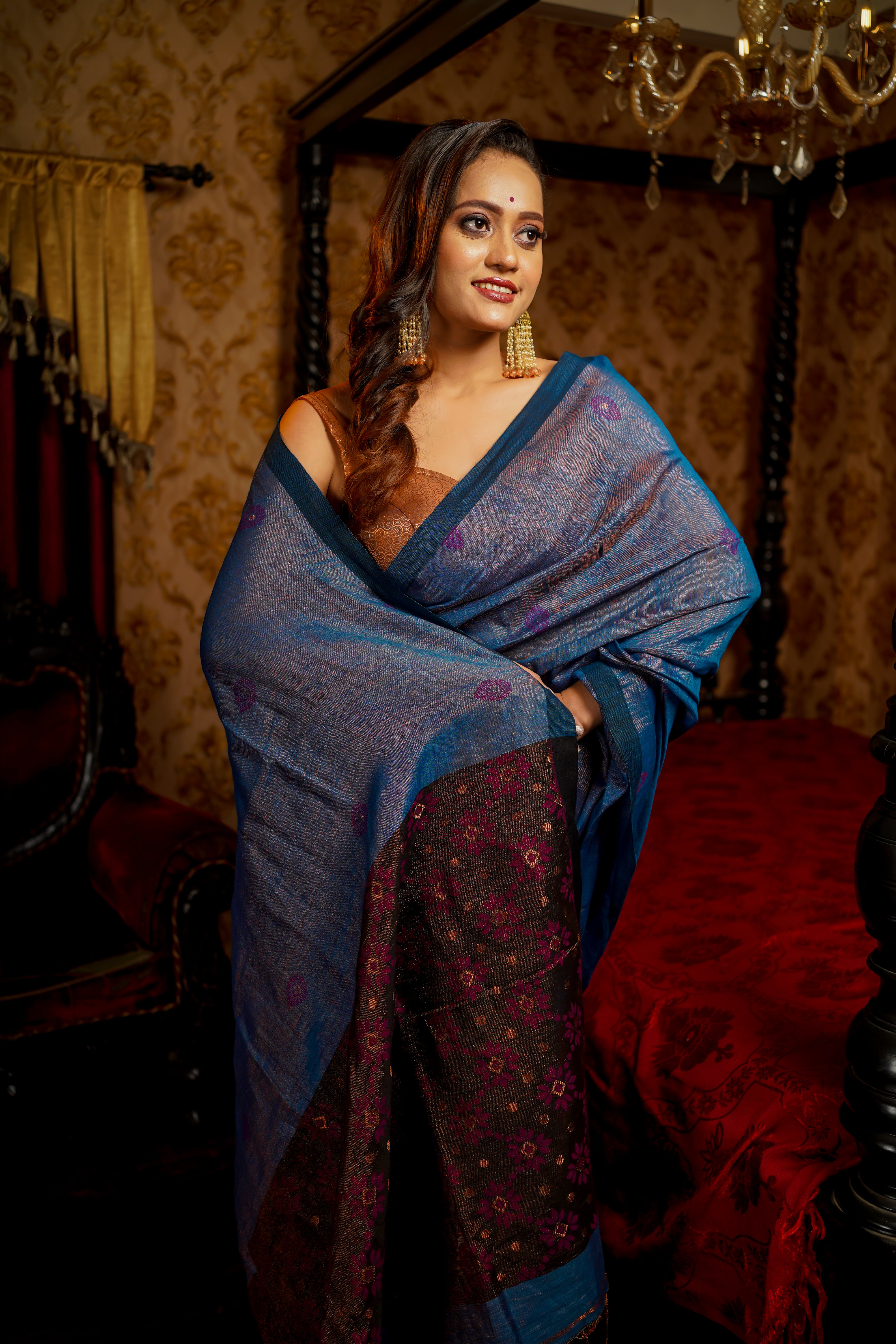 Sapphire Pure Tissue Mina Linen Handwoven Saree