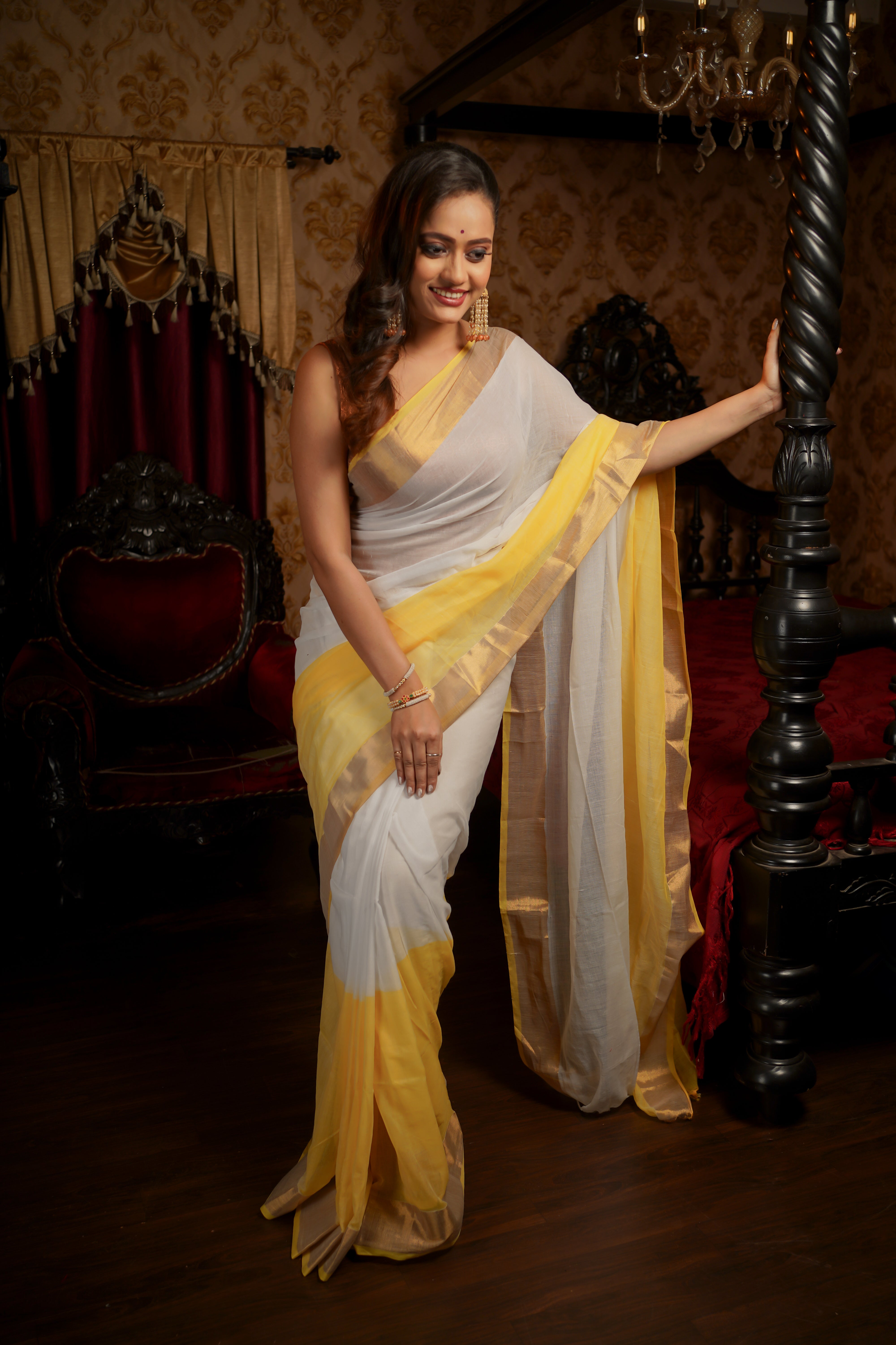 White & yellow pure mul cotton saree