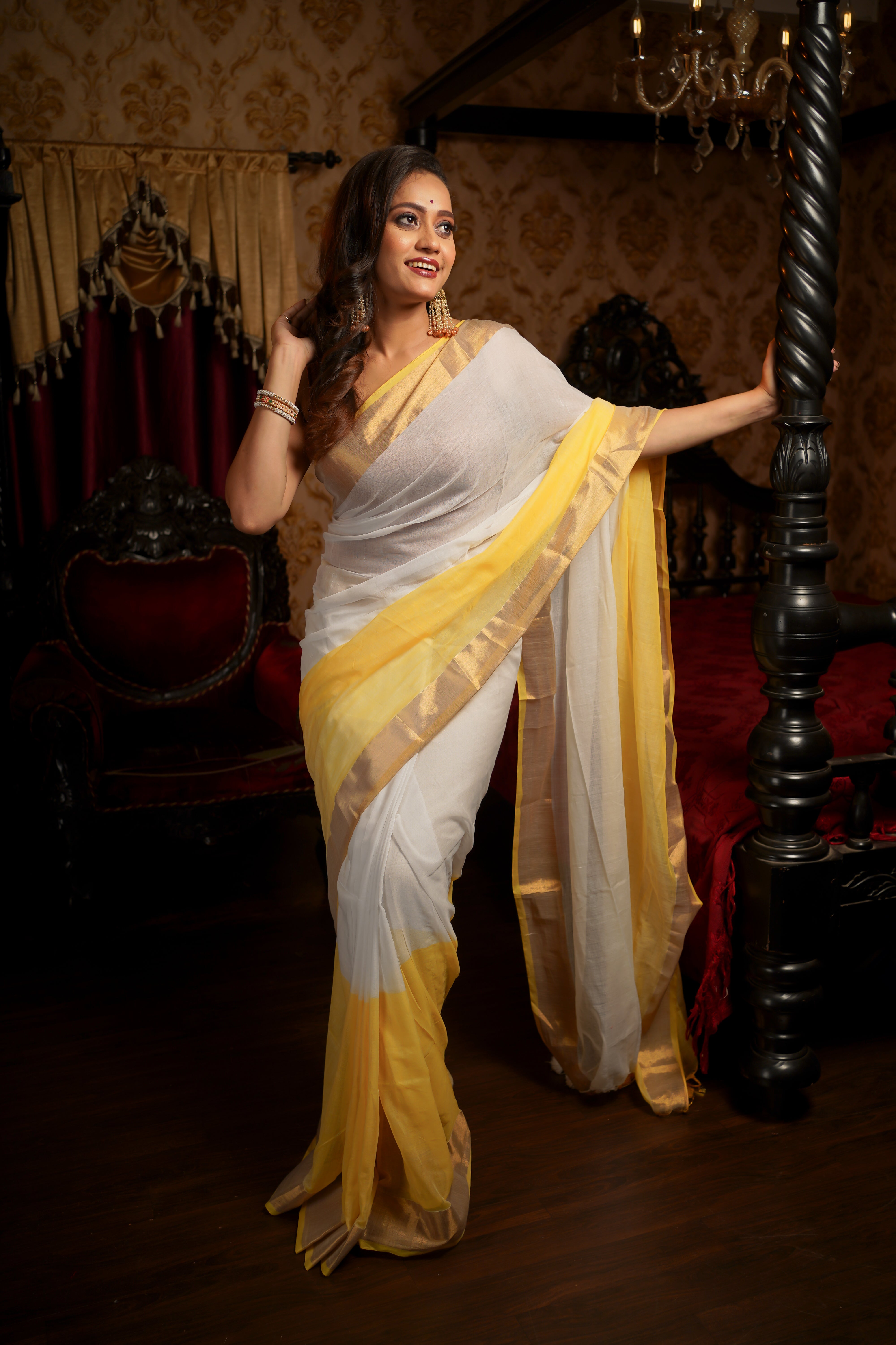 White & yellow pure mul cotton saree