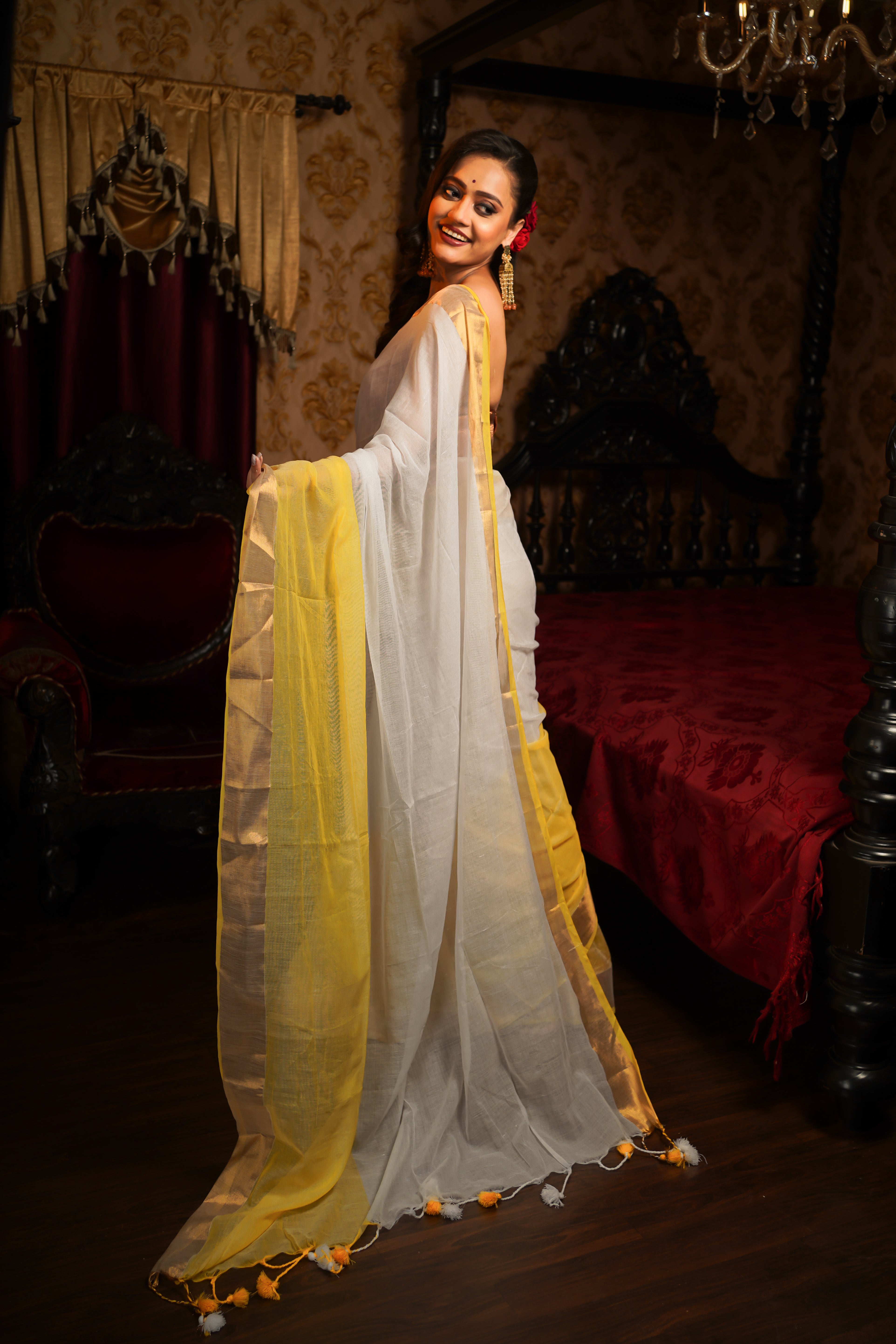 White & yellow pure mul cotton saree