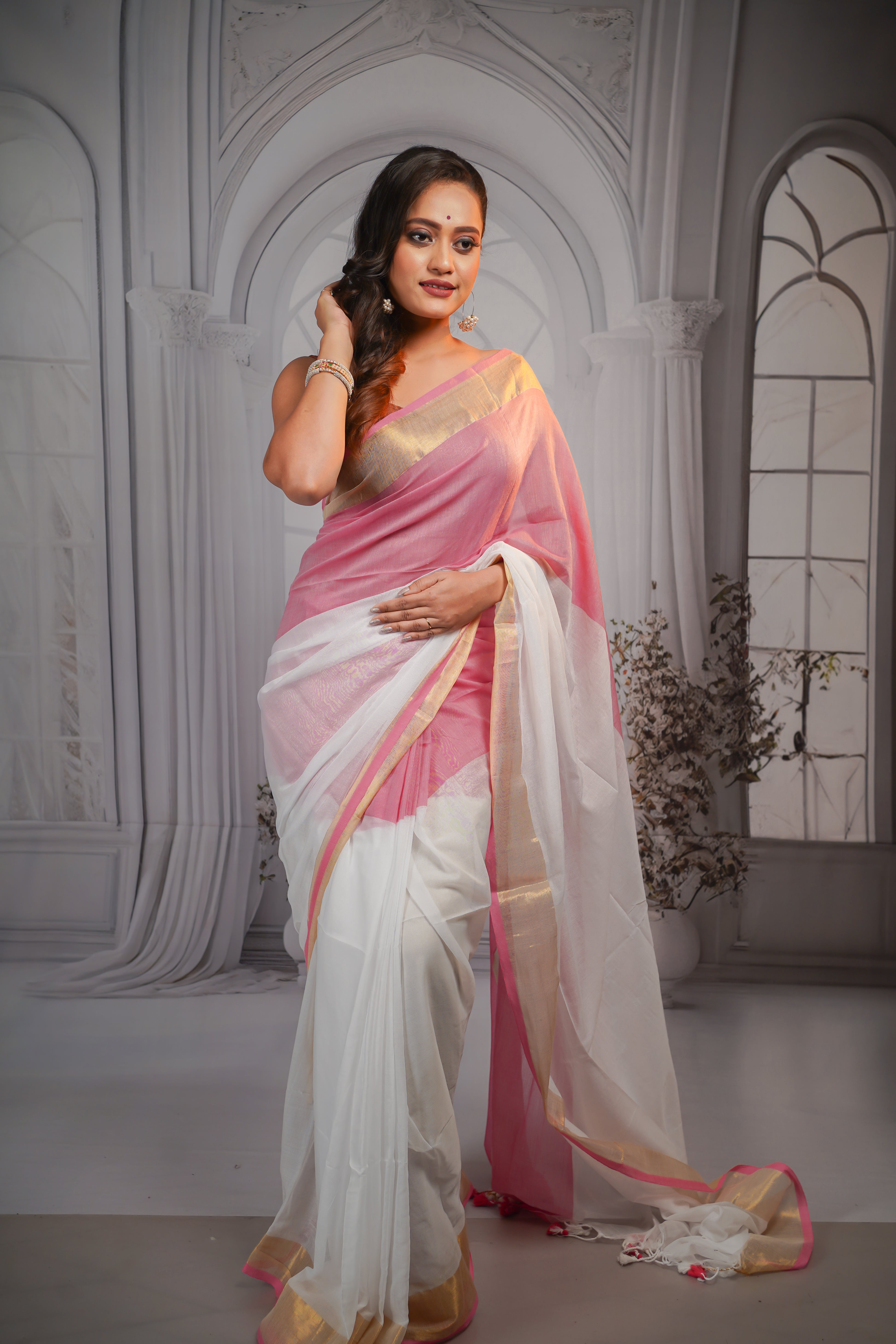 White & pink  pure mul cotton saree