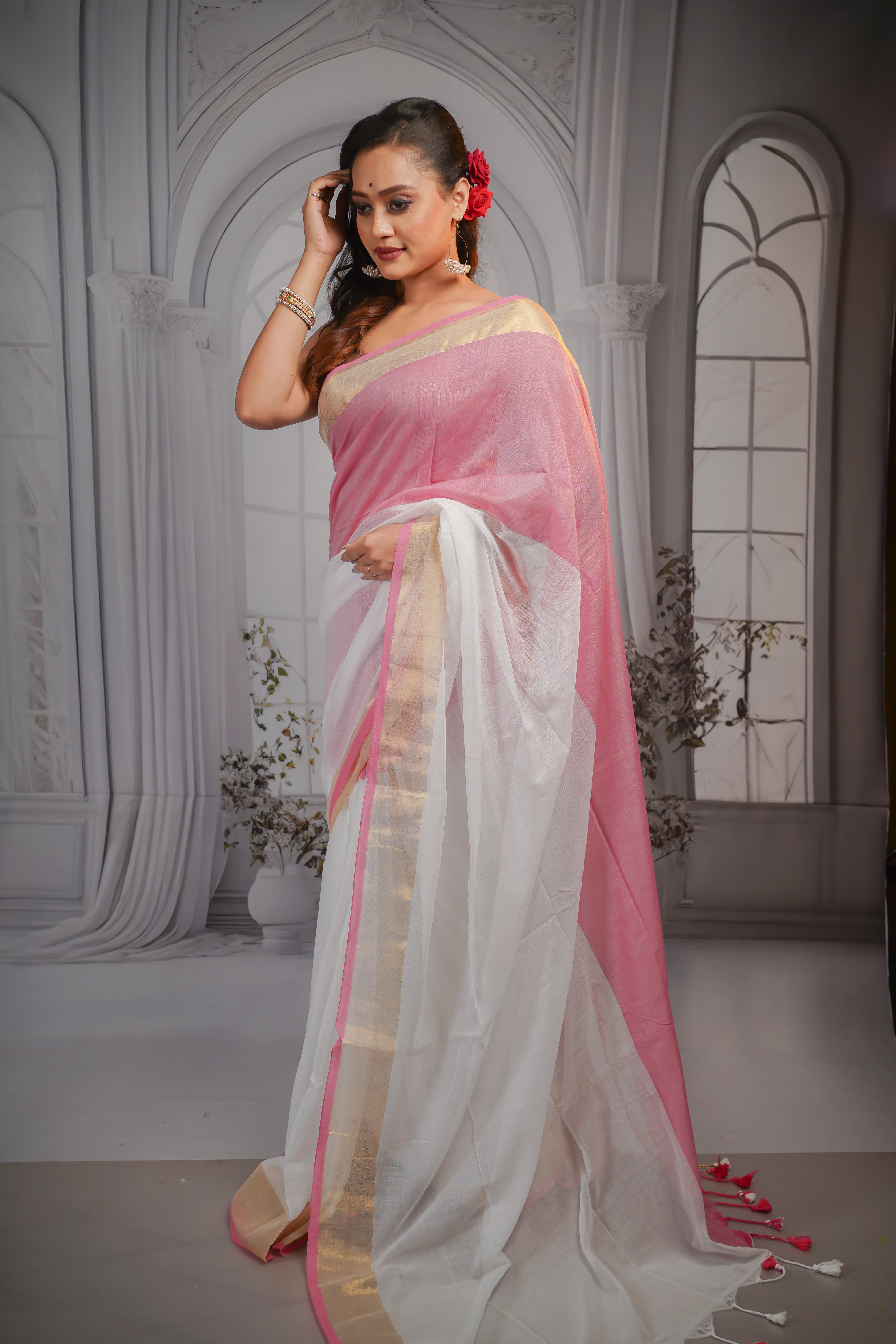 White & pink  pure mul cotton saree