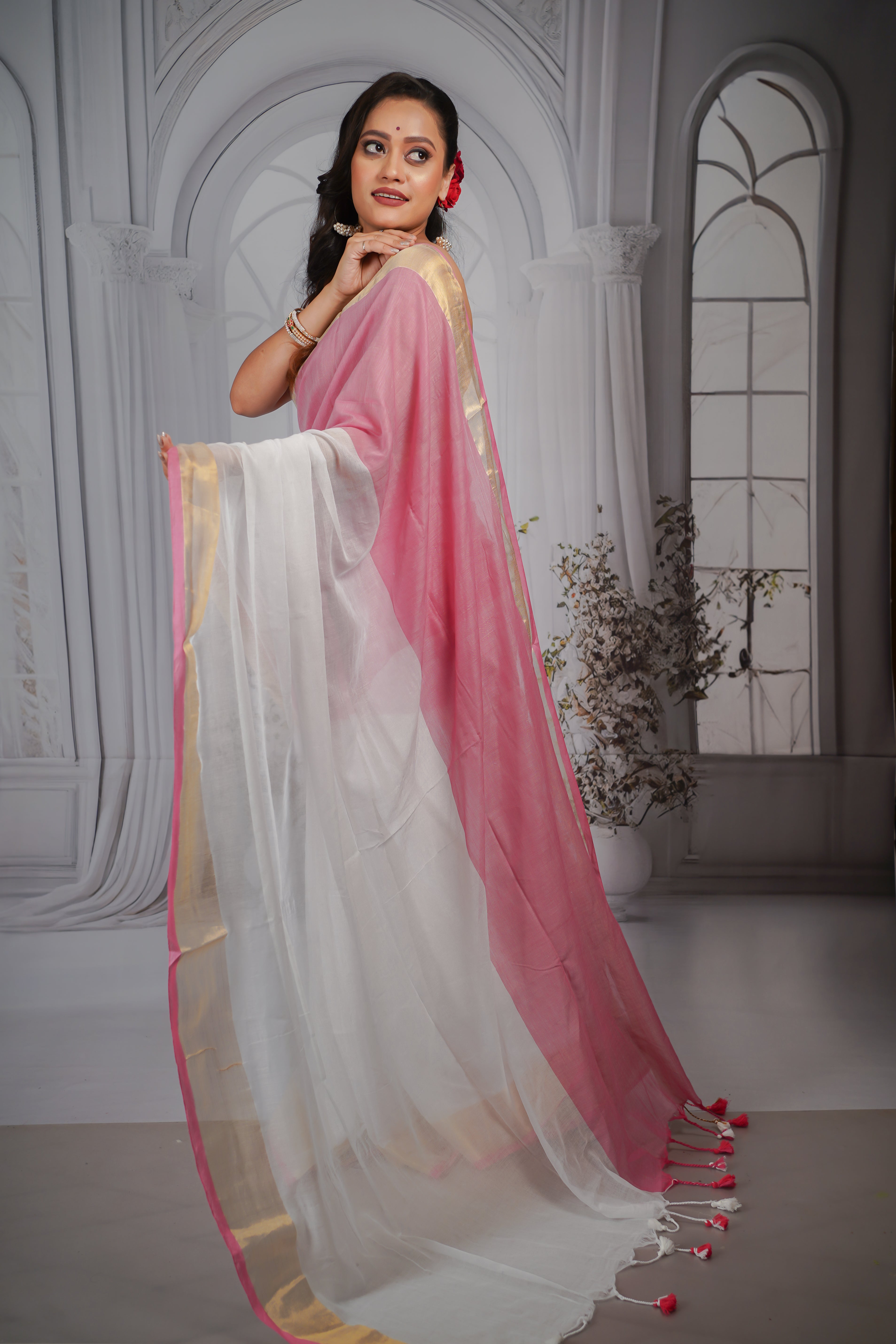 White & pink  pure mul cotton saree