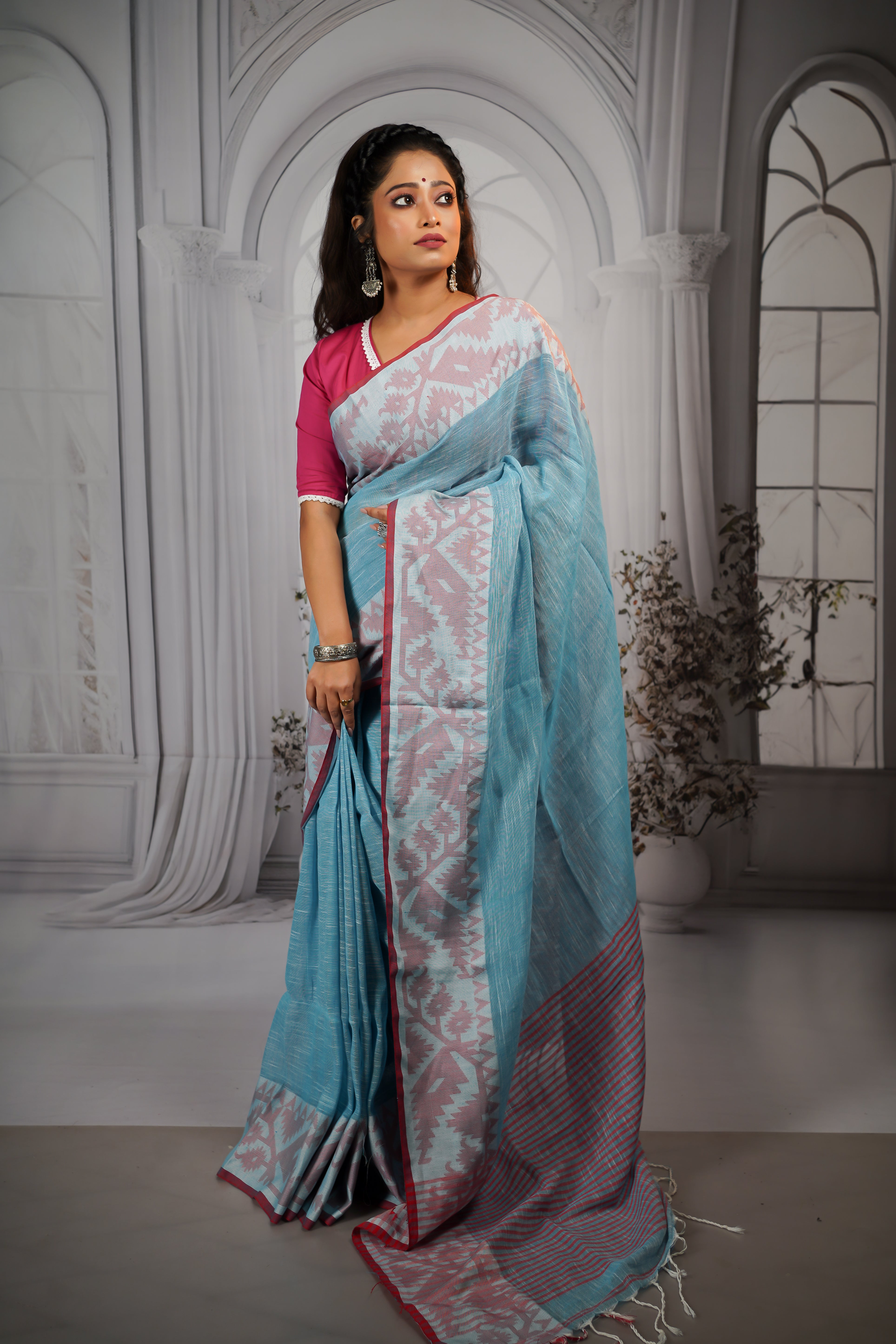 Sky blue pure linen handwoven jamdani saree