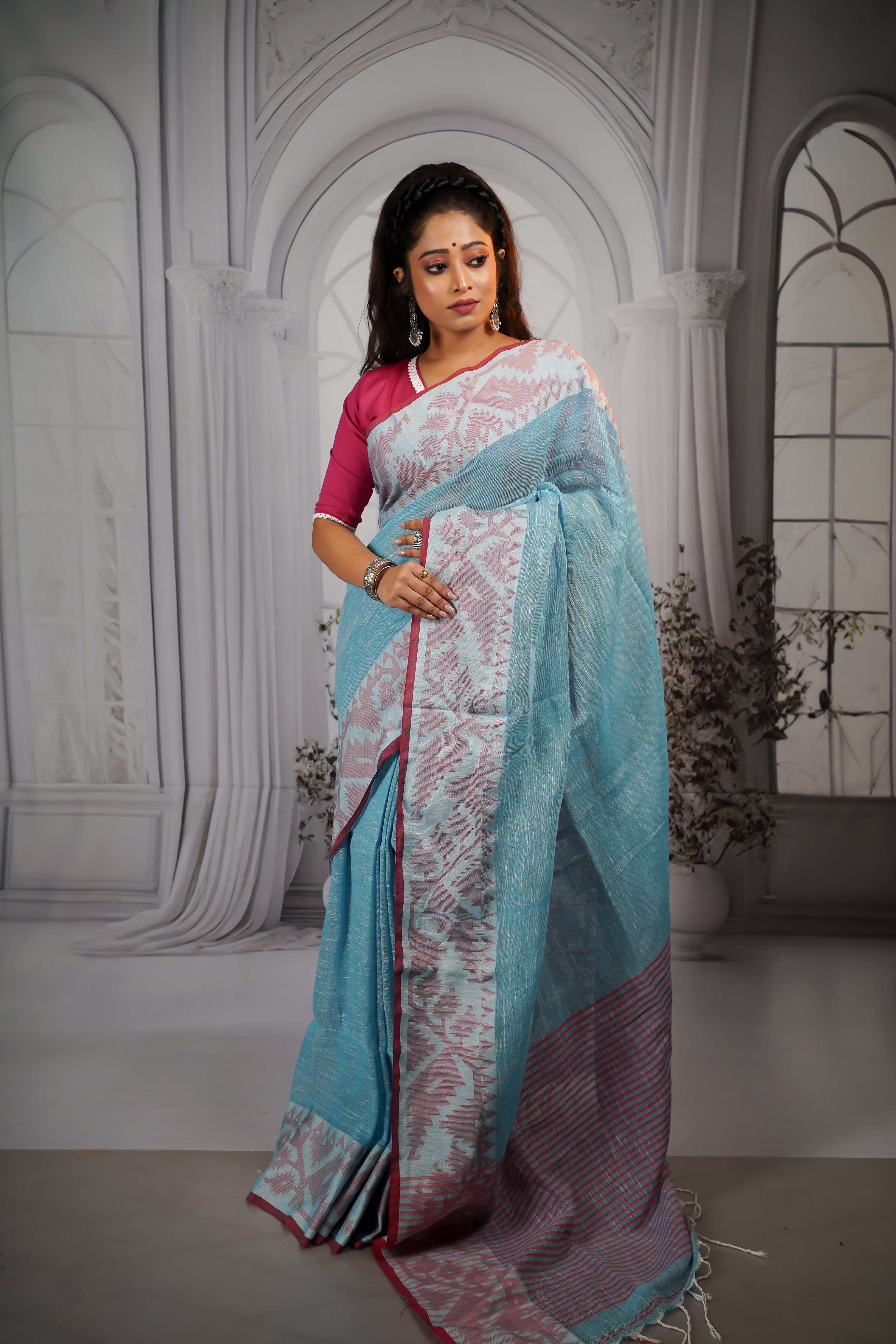 Sky blue pure linen handwoven jamdani saree