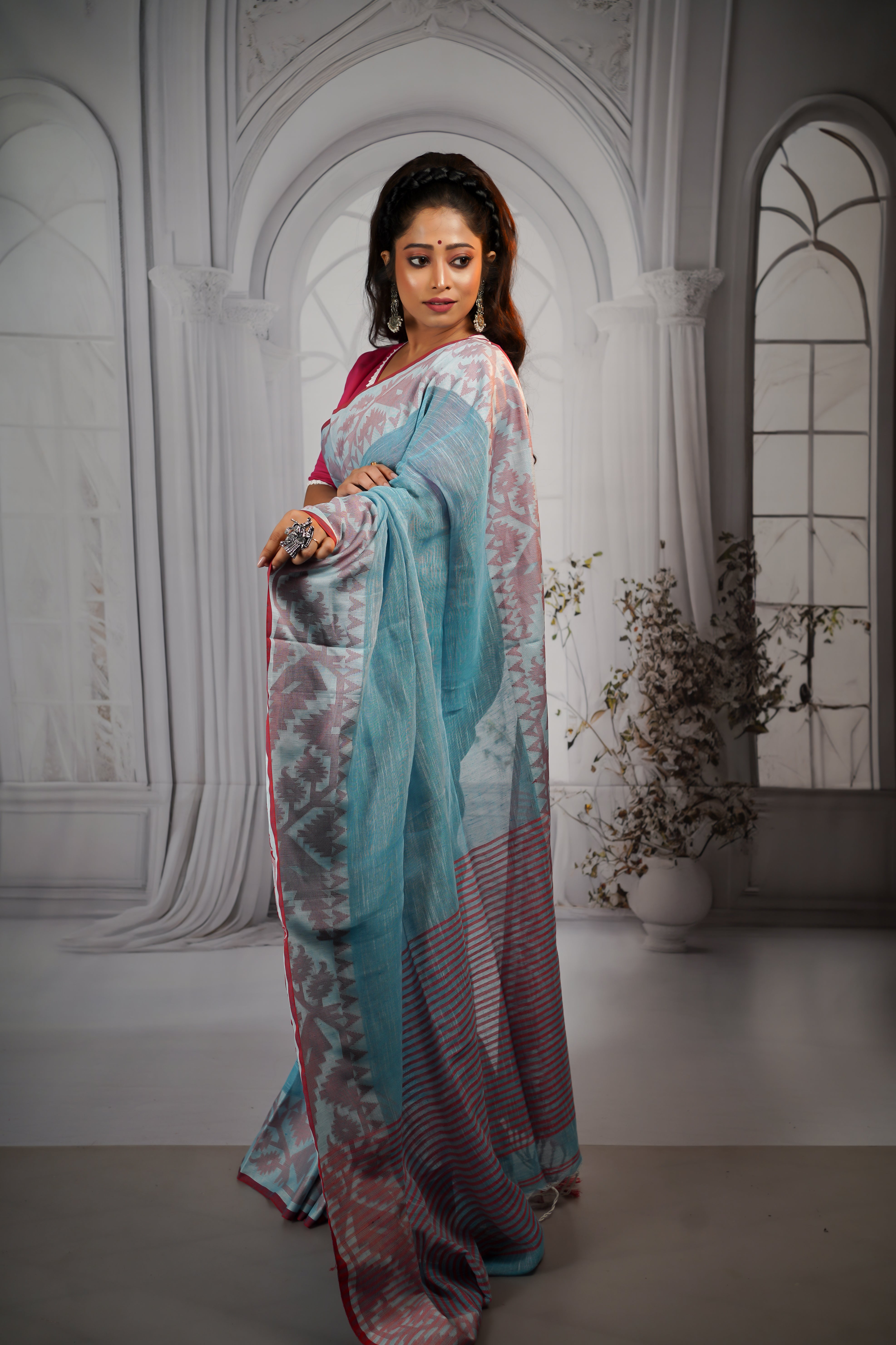 Sky blue pure linen handwoven jamdani saree