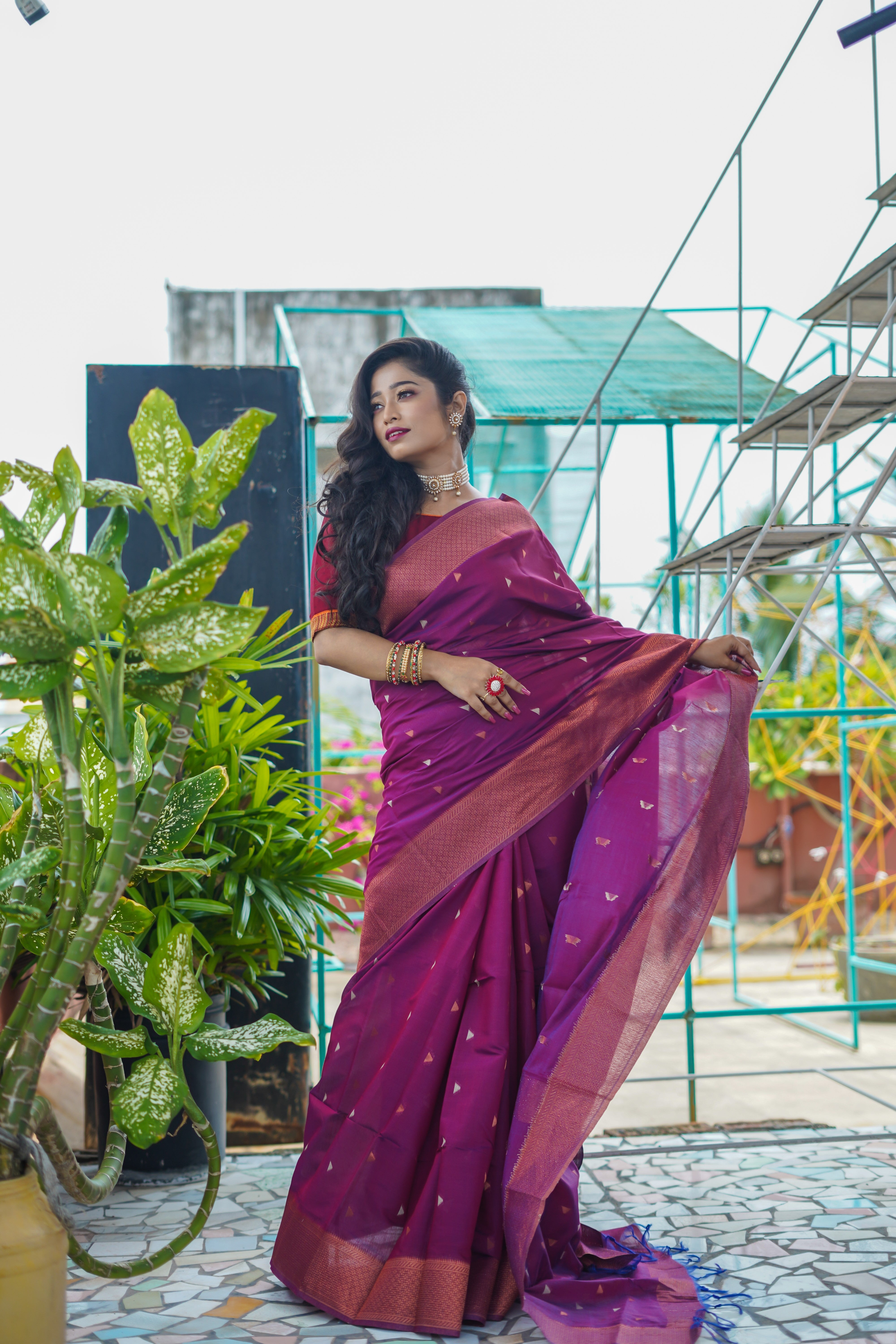 Imperial Purple Maheswari Silk Weaving Saree