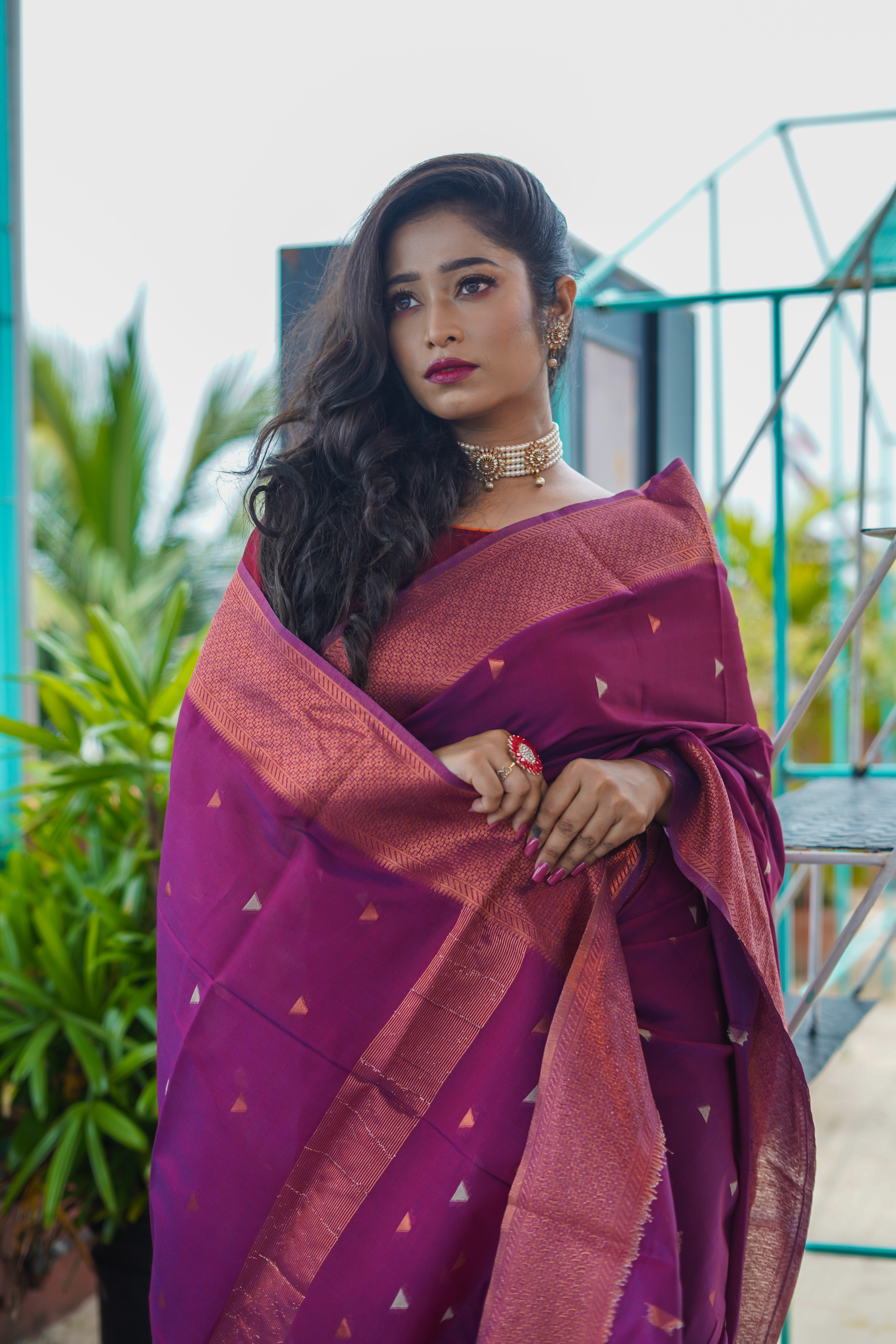 Imperial Purple Maheswari Silk Weaving Saree