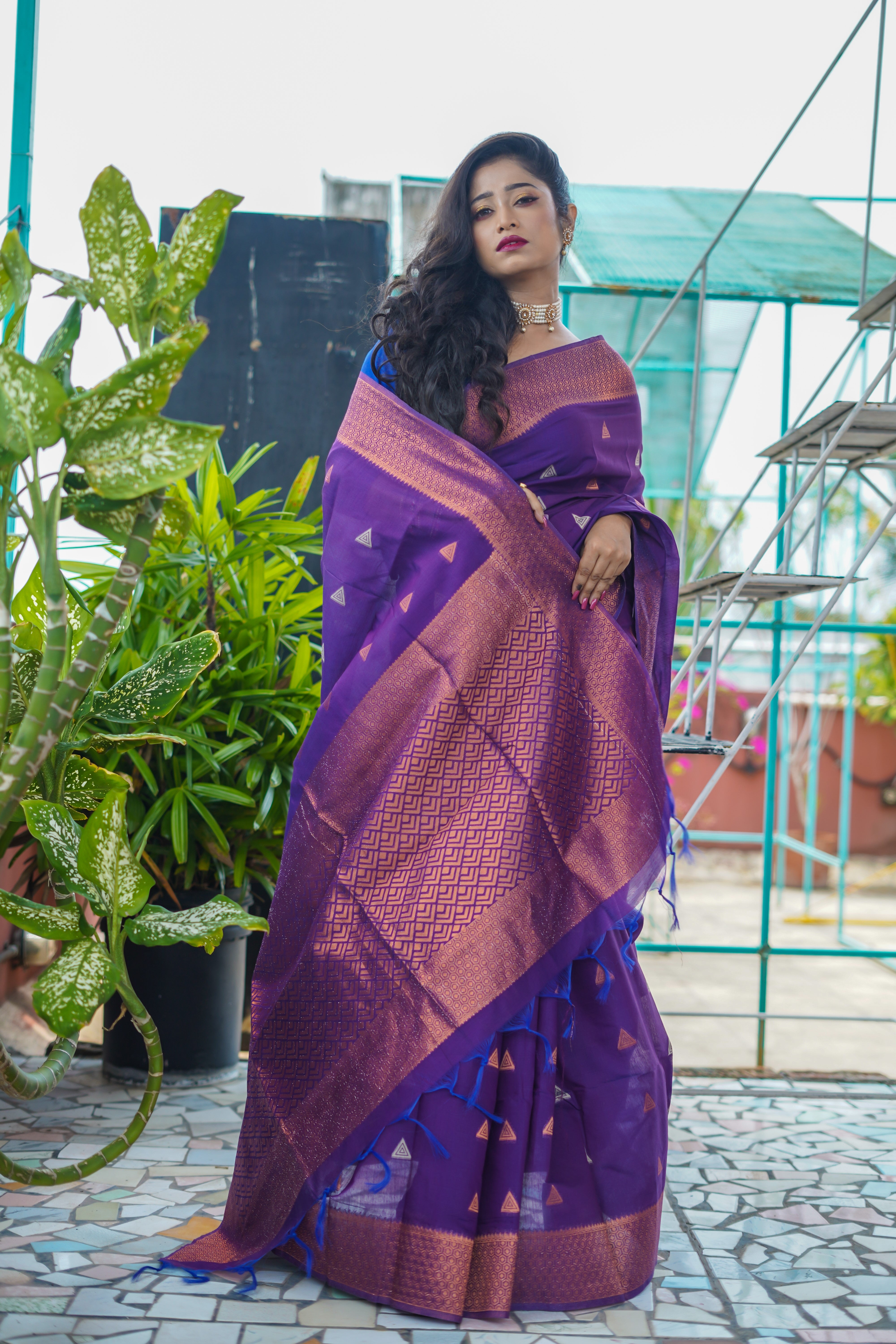 Indigo Maheswari Silk Weaving Saree