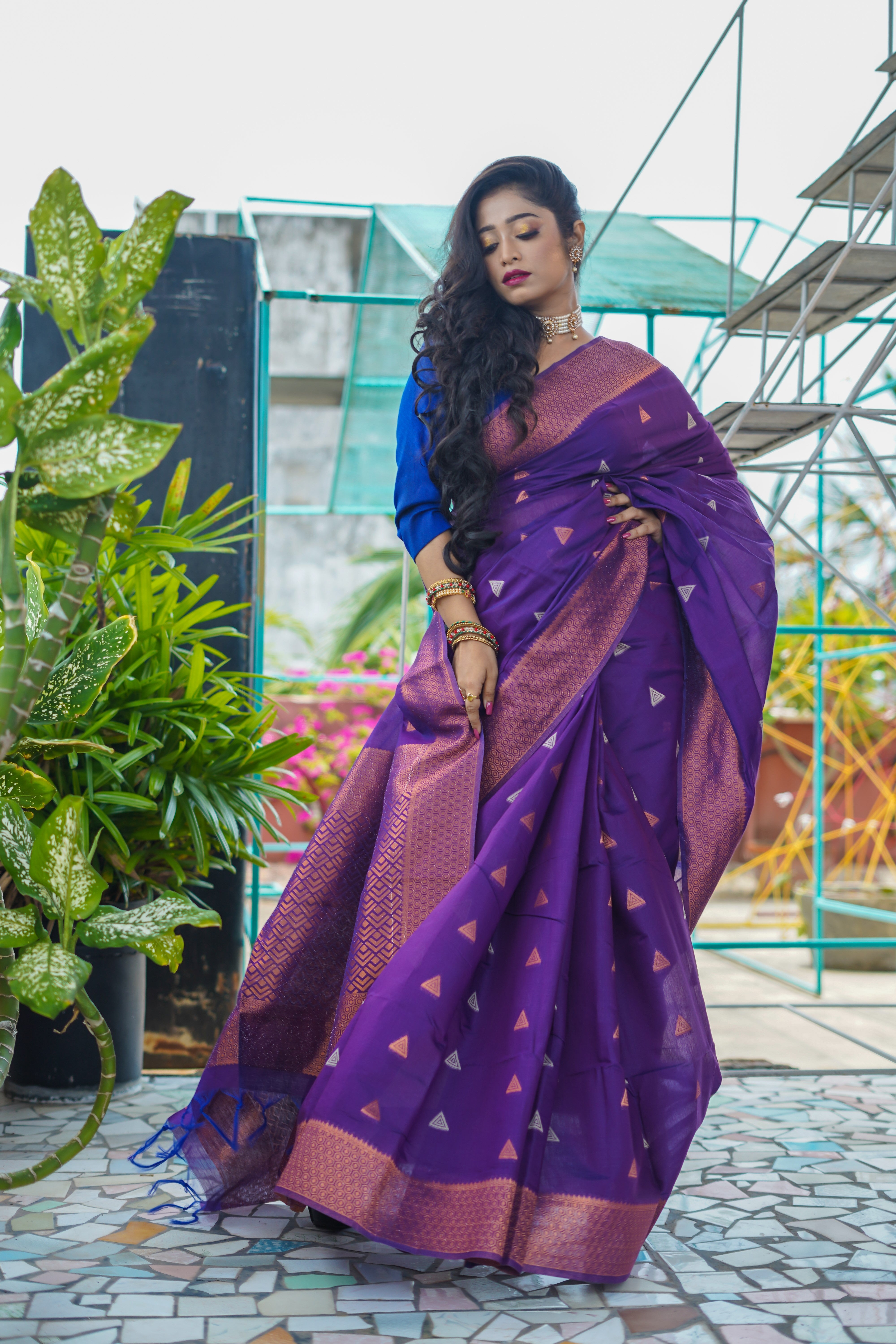 Indigo Maheswari Silk Weaving Saree