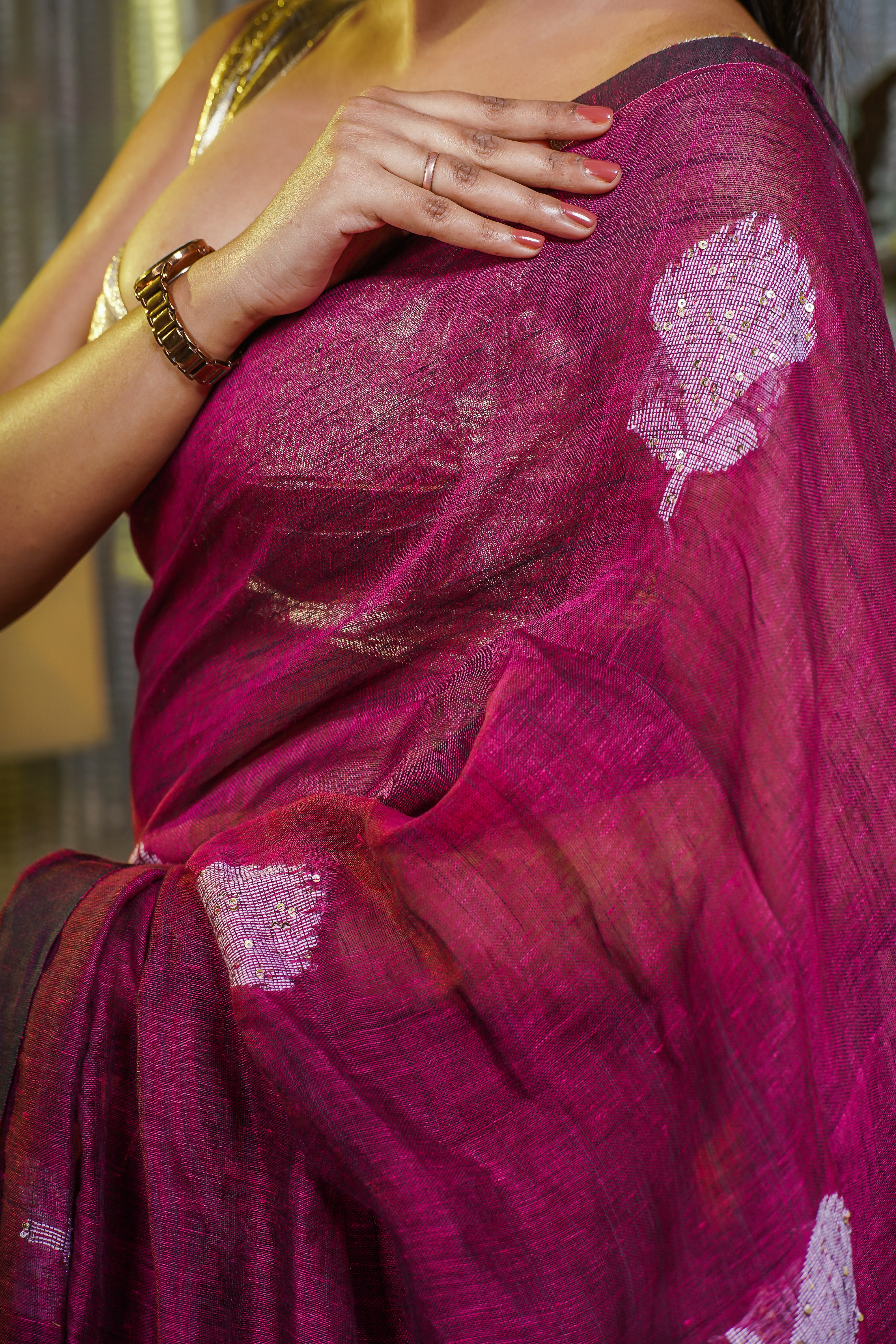 Jam Handwoven Linen Saree with Sequence Work