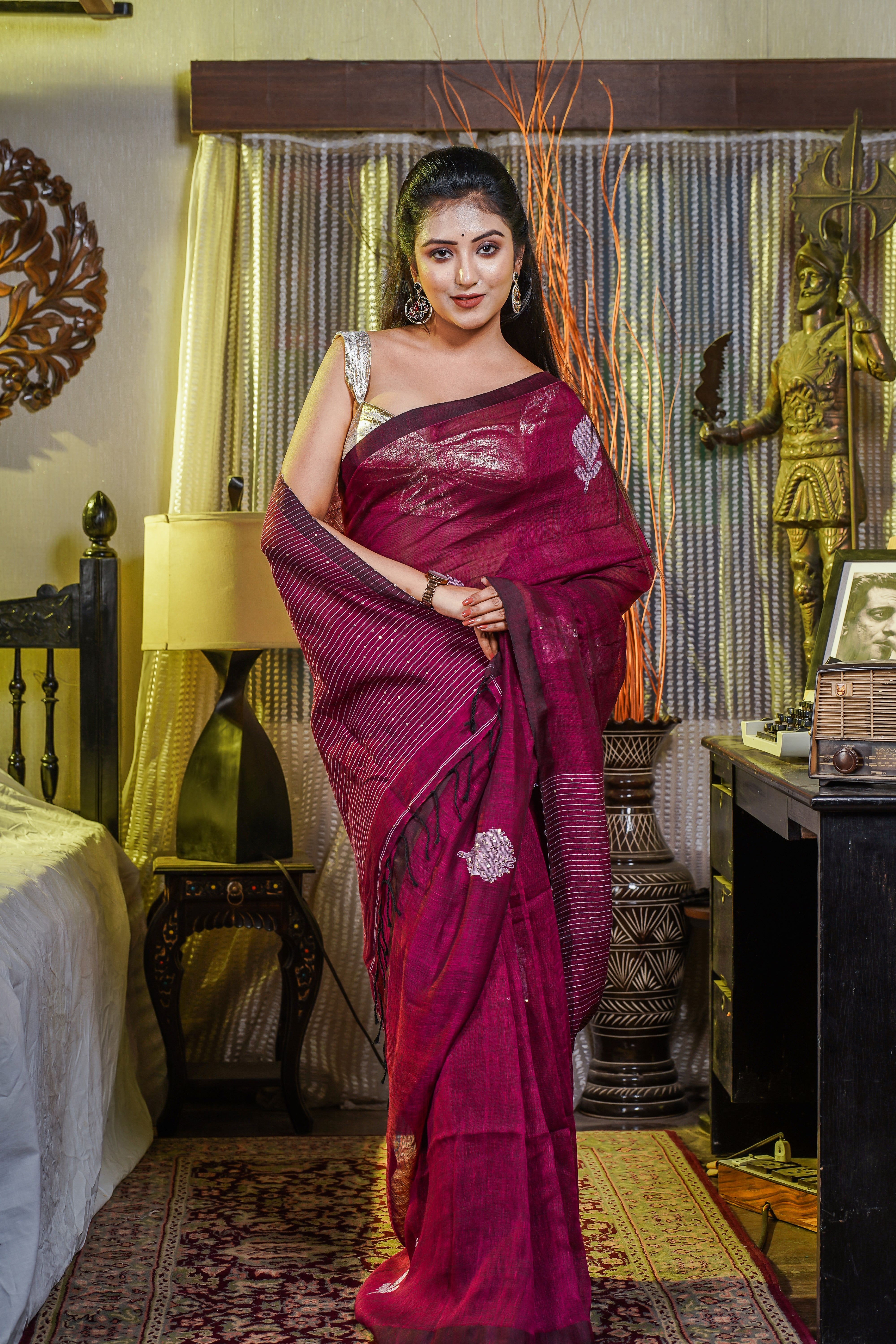 Jam Handwoven Linen Saree with Sequence Work