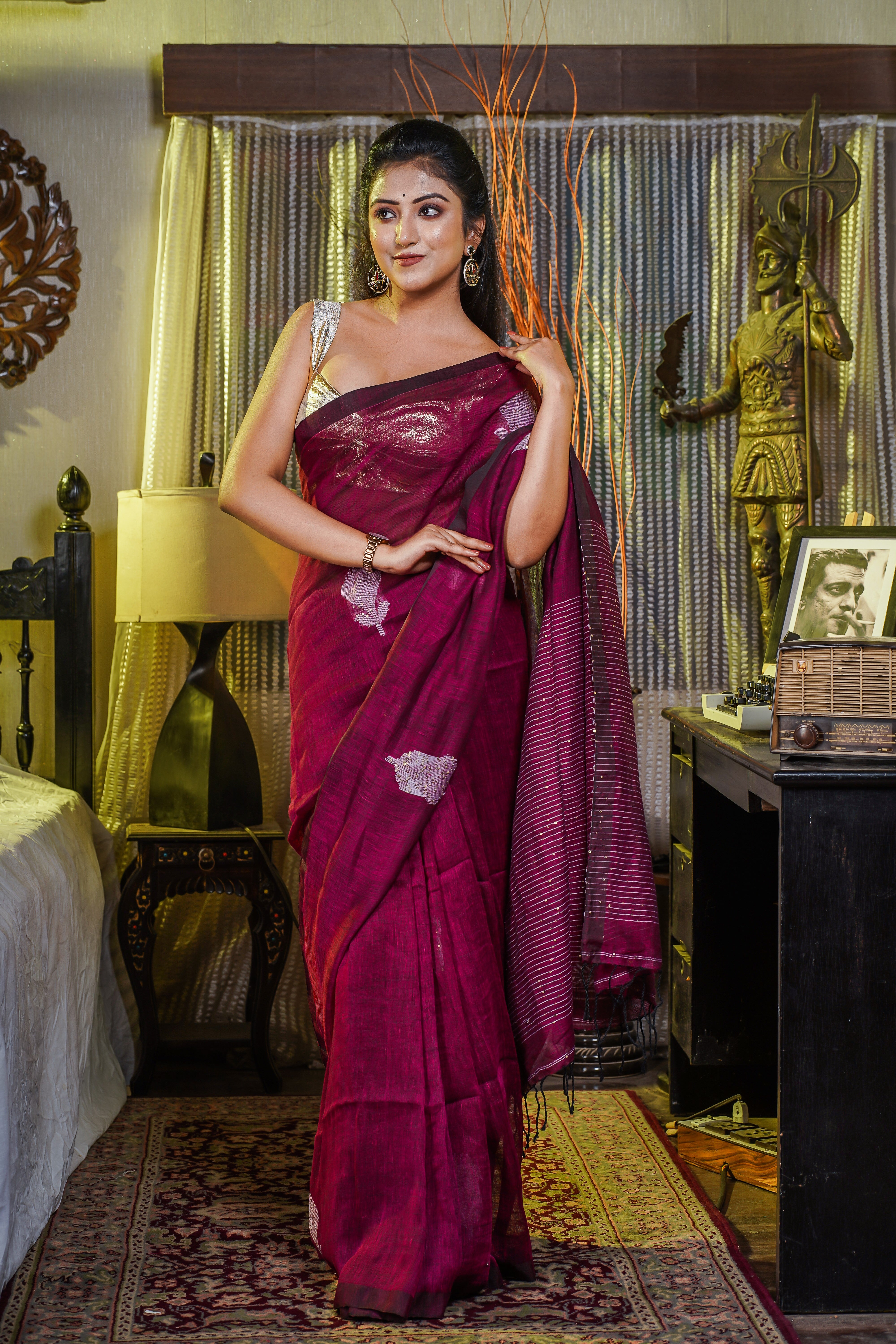 Jam Handwoven Linen Saree with Sequence Work