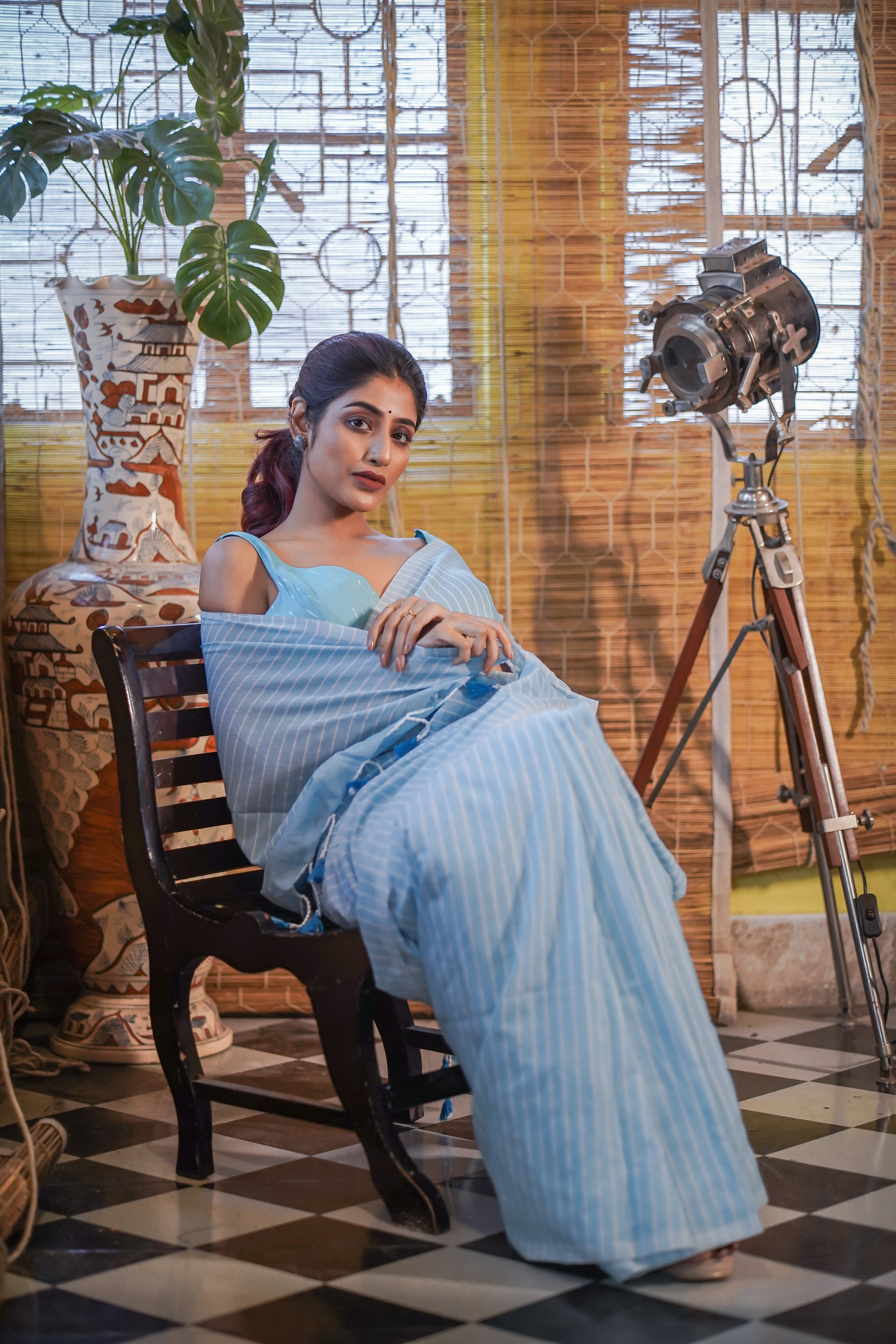 Khadi Cotton Striped Saree - Sky Blue