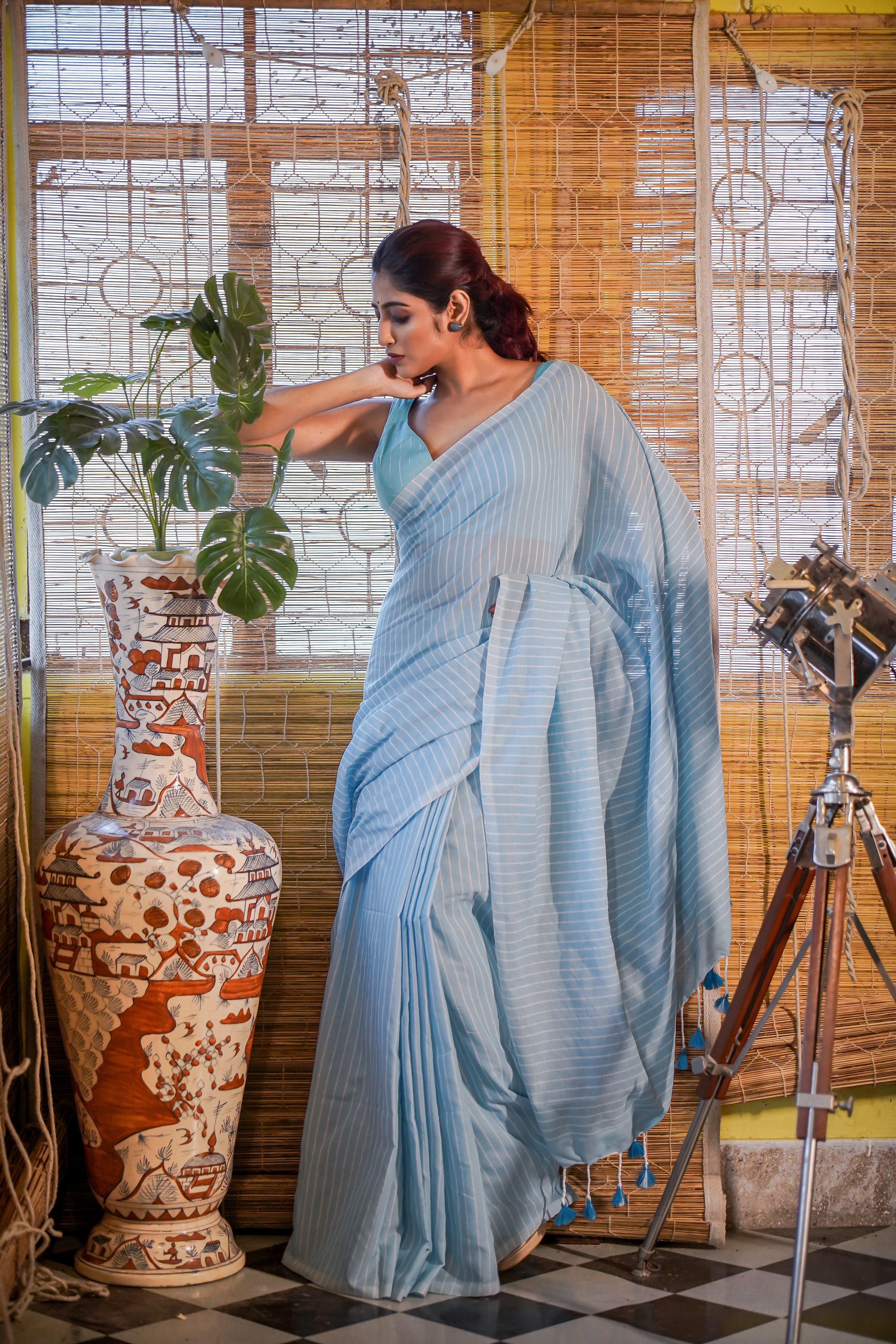 Khadi Cotton Striped Saree - Sky Blue