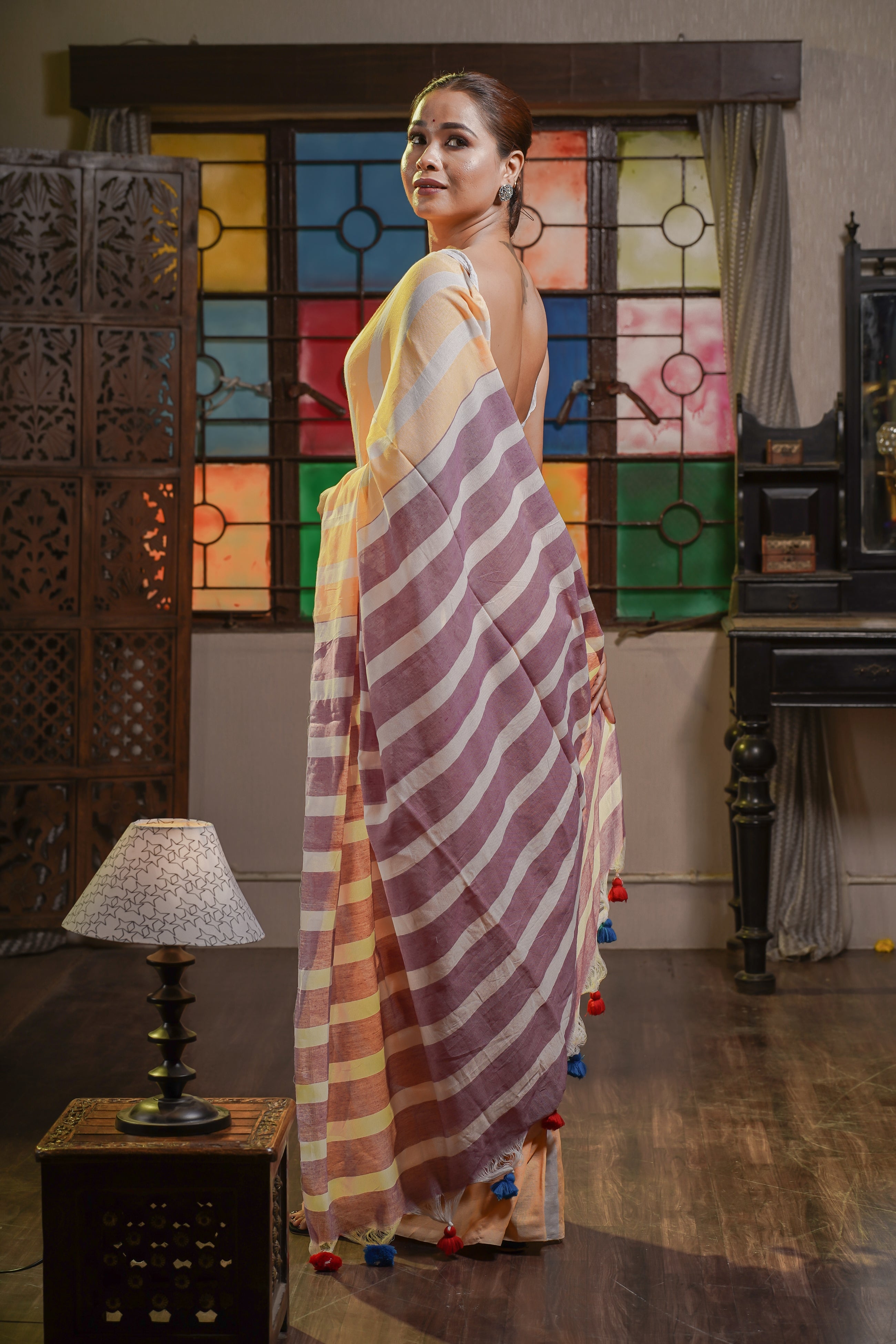 Khadi Cotton Stripes Saree- Buff