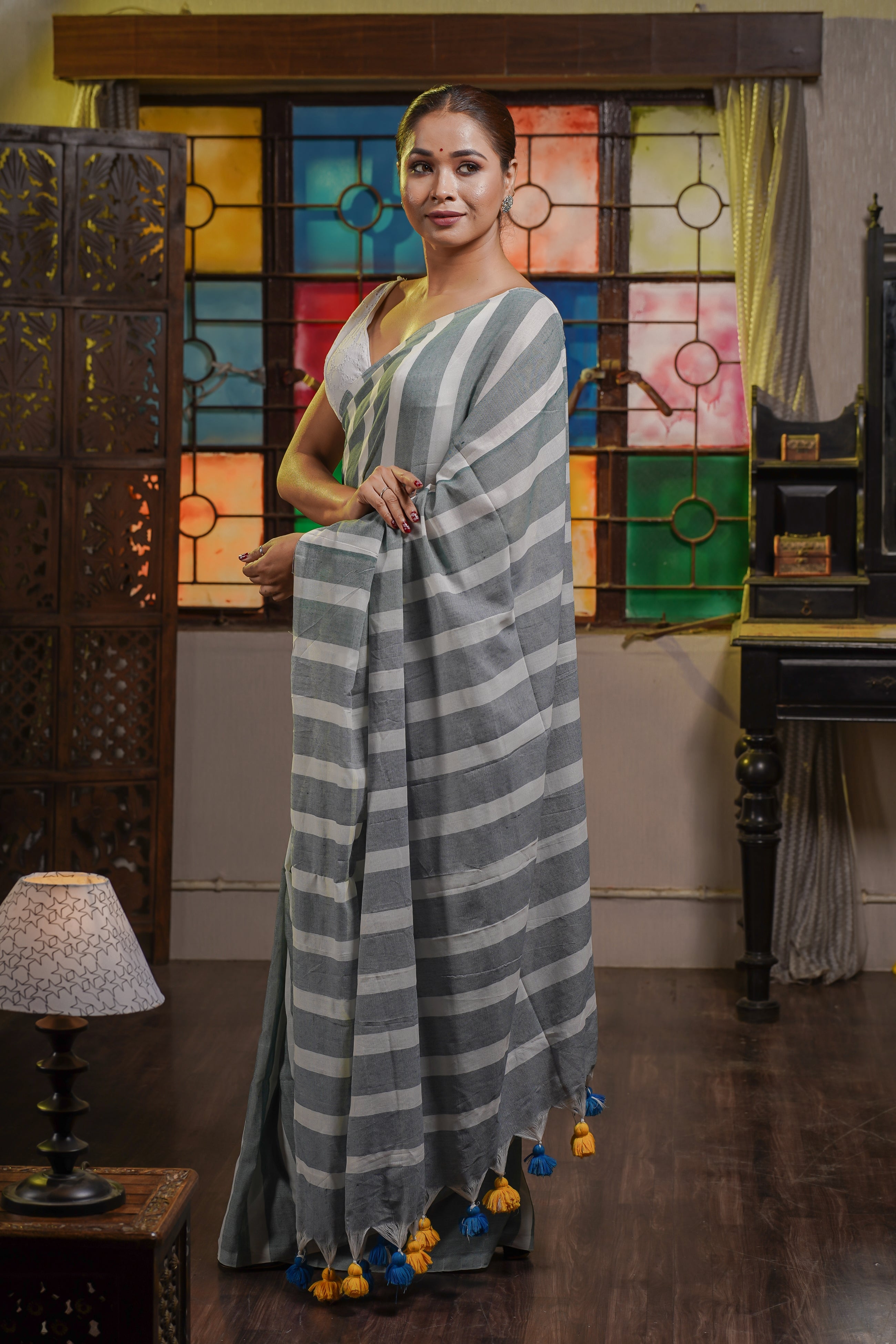 Khadi Cotton Stripes Saree- Pistachio