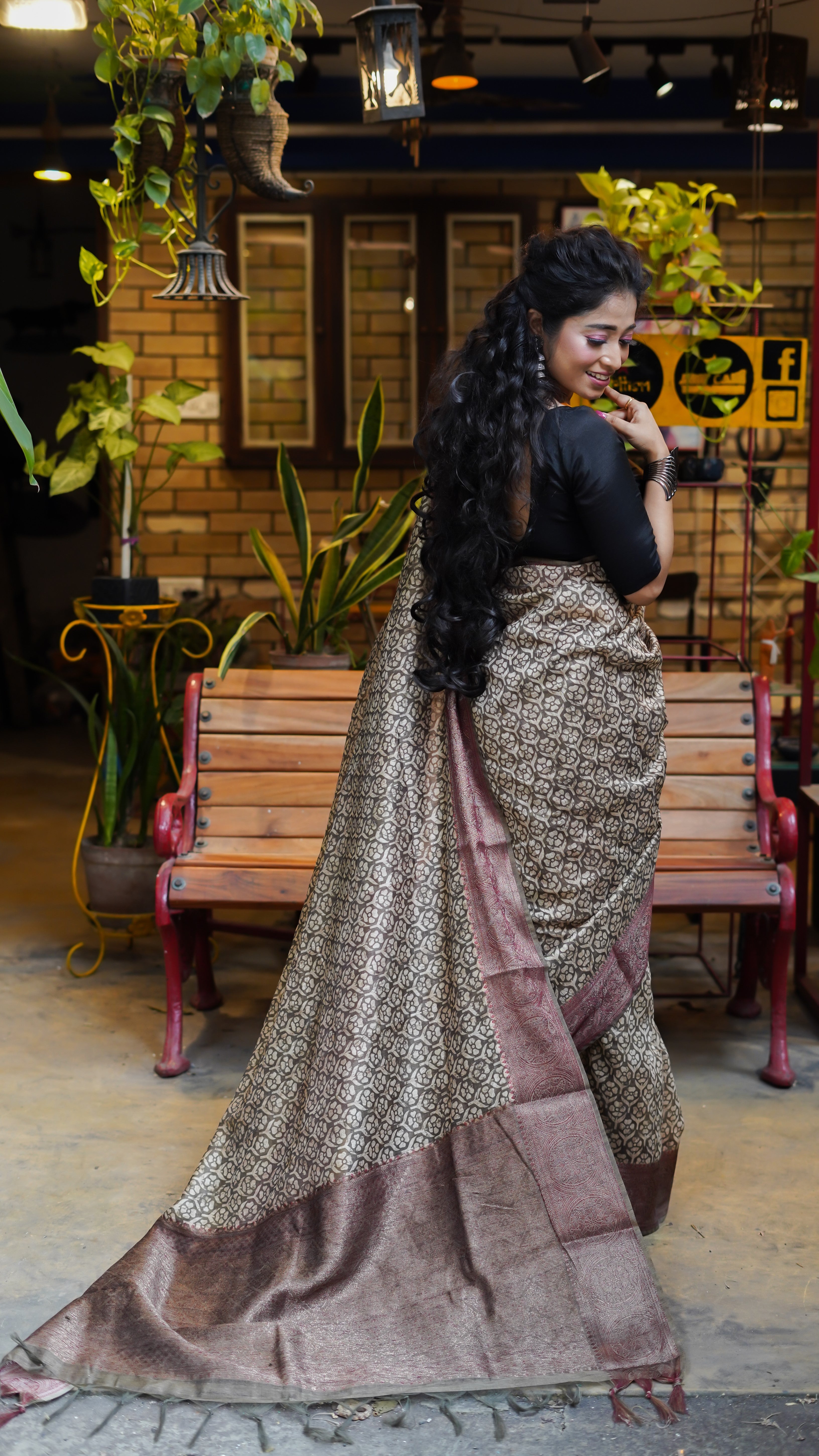 Khaki paisley bangalori silk saree