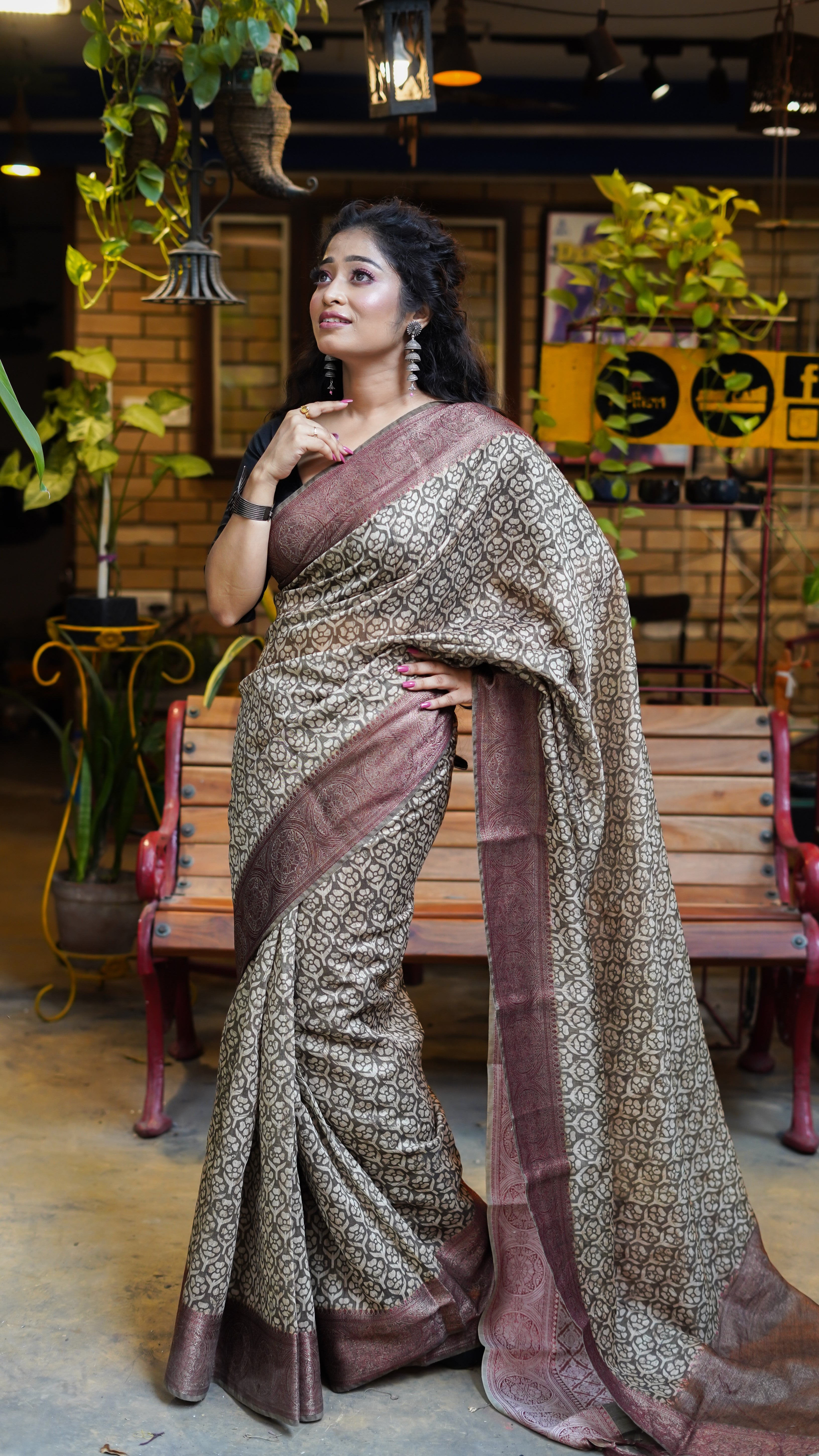 Khaki paisley bangalori silk saree