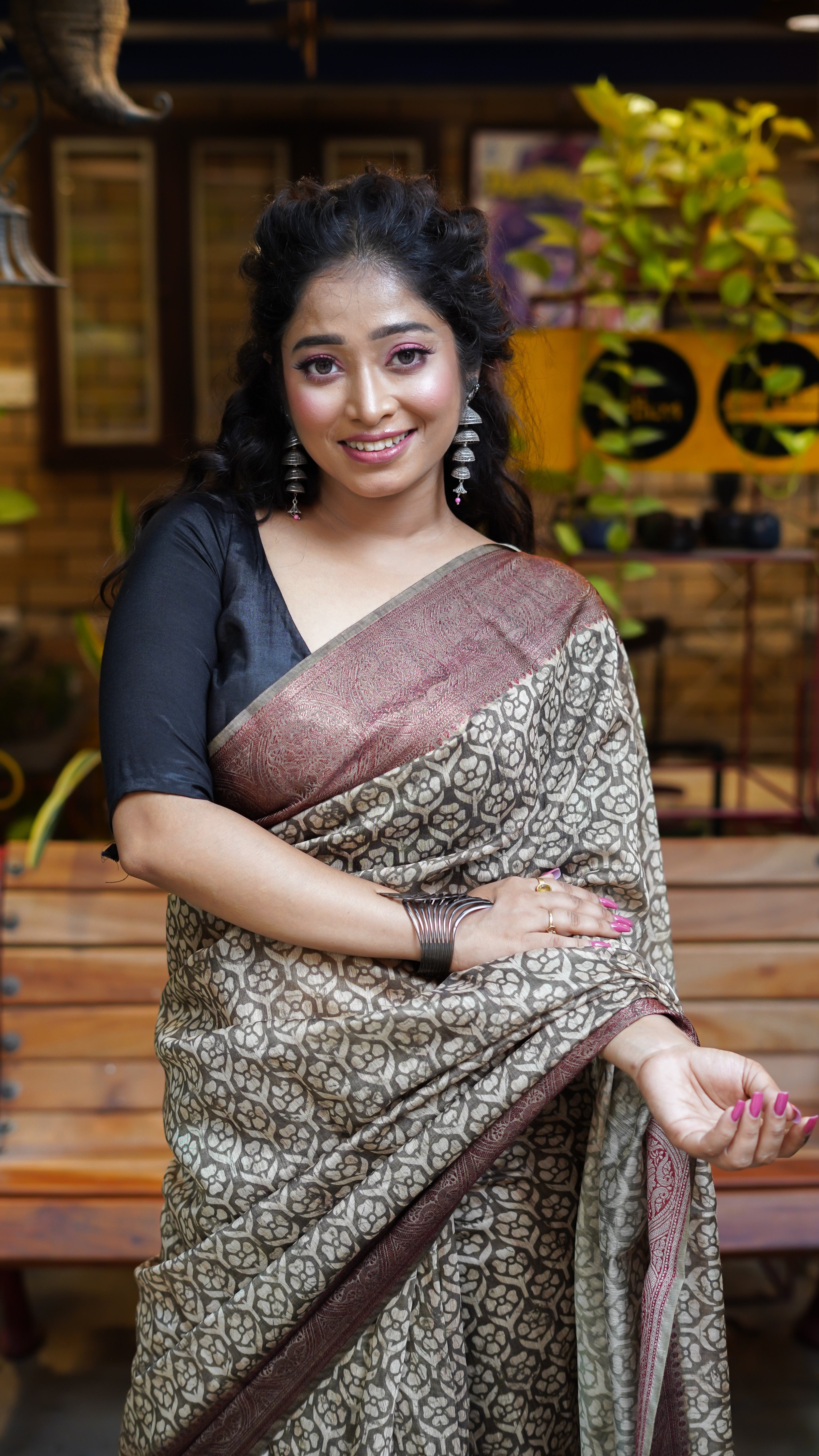 Khaki paisley bangalori silk saree