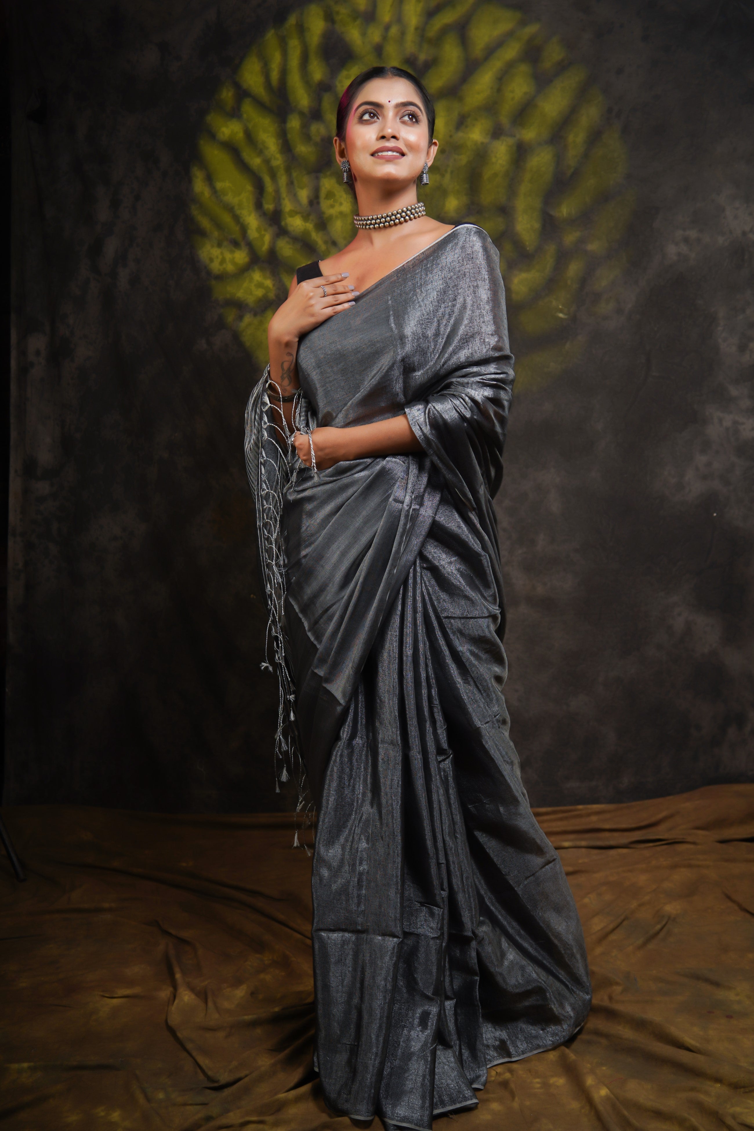 Lava Grey Dual Tone Pure Tissue Linen Saree