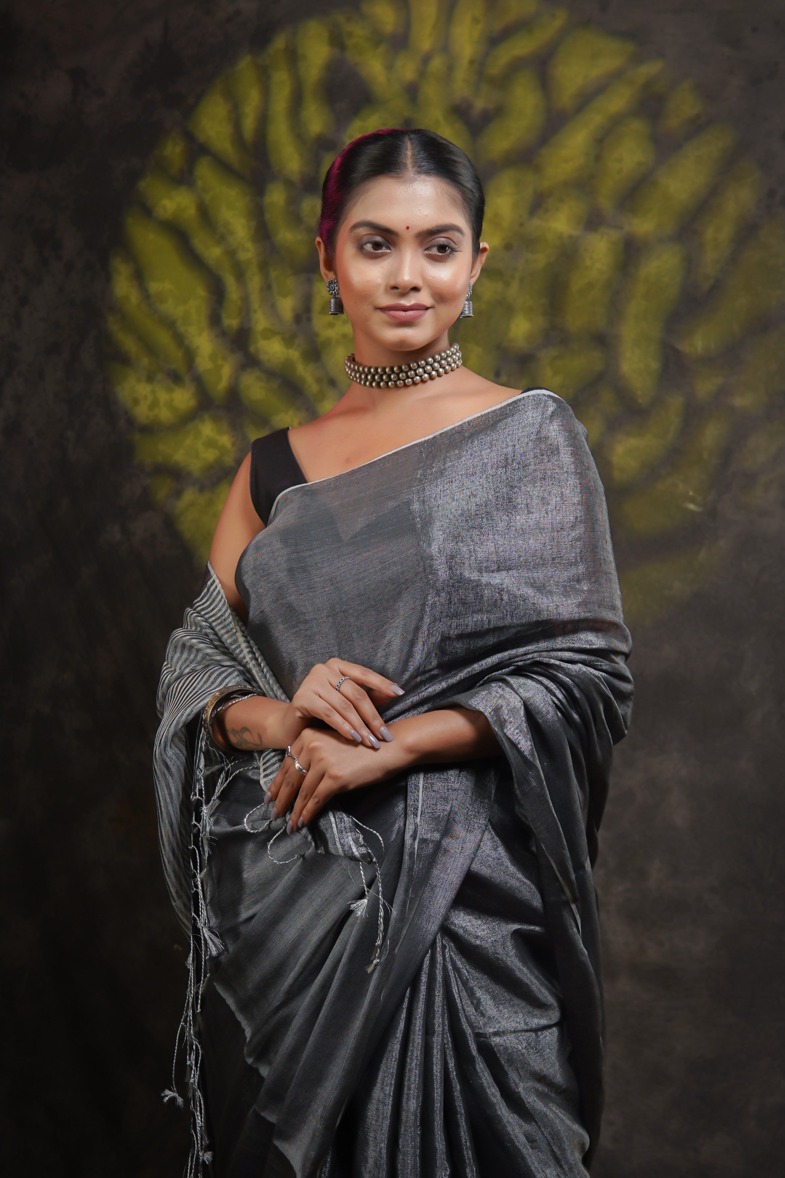 Lava Grey Dual Tone Pure Tissue Linen Saree