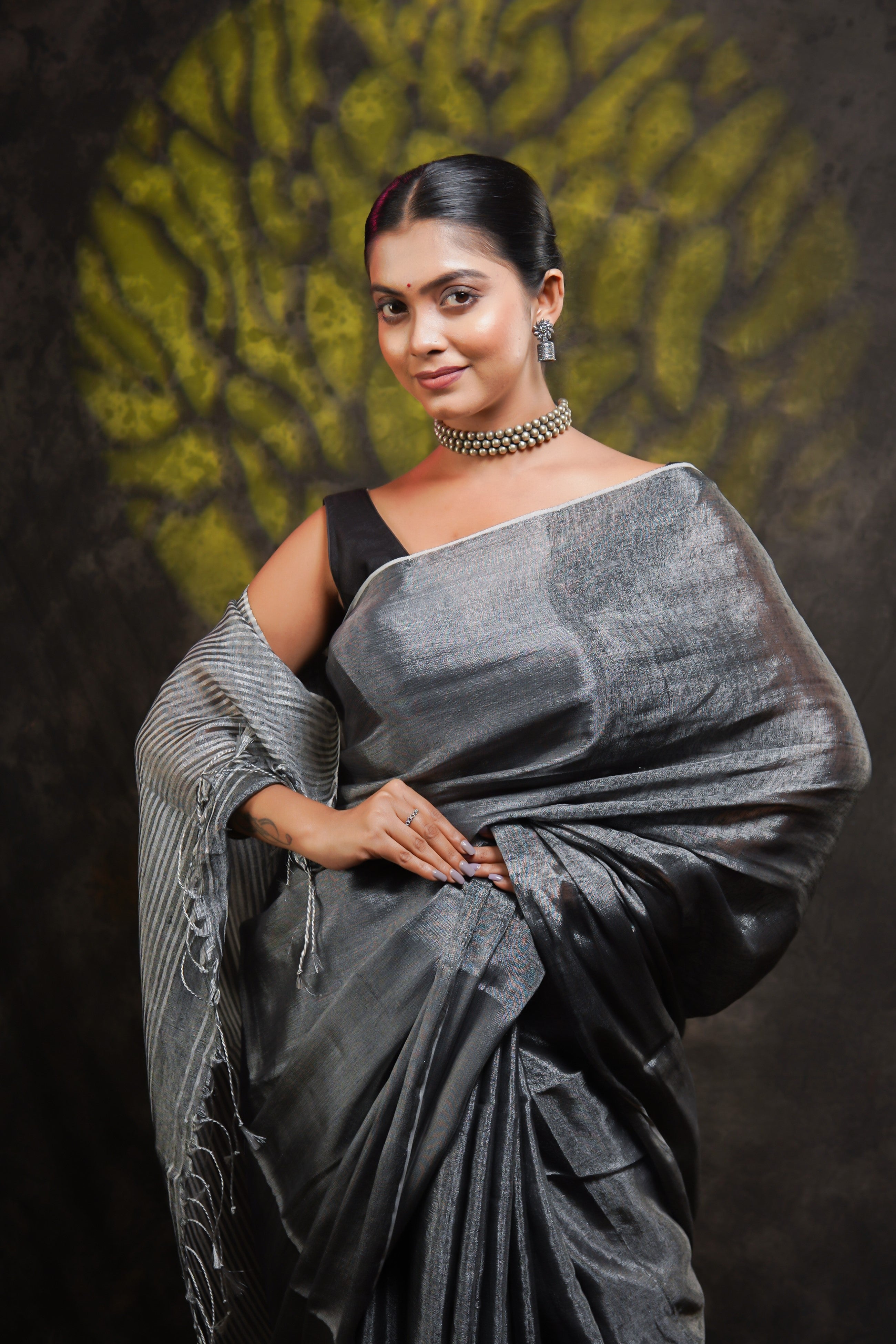 Lava Grey Dual Tone Pure Tissue Linen Saree