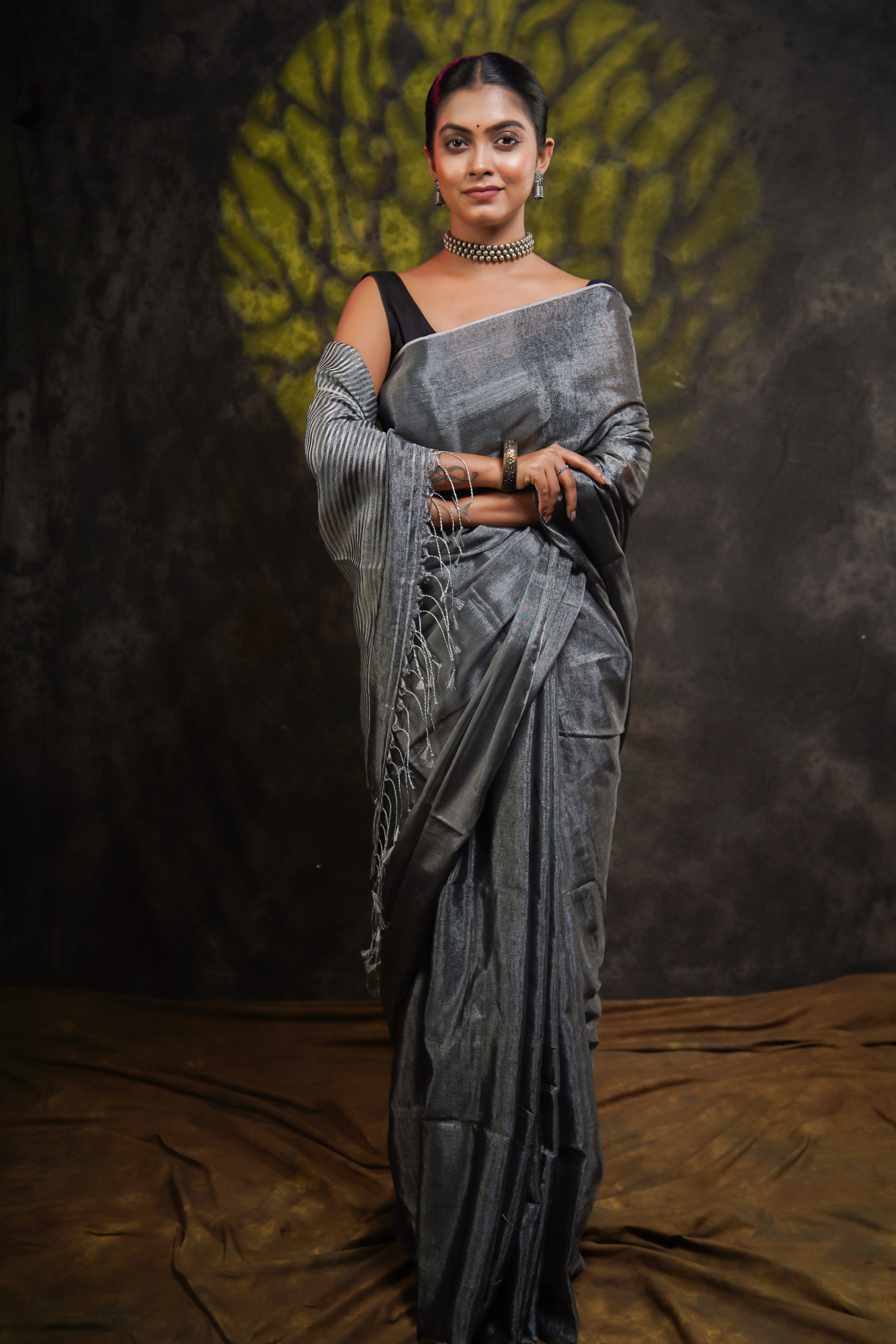 Lava Grey Dual Tone Pure Tissue Linen Saree