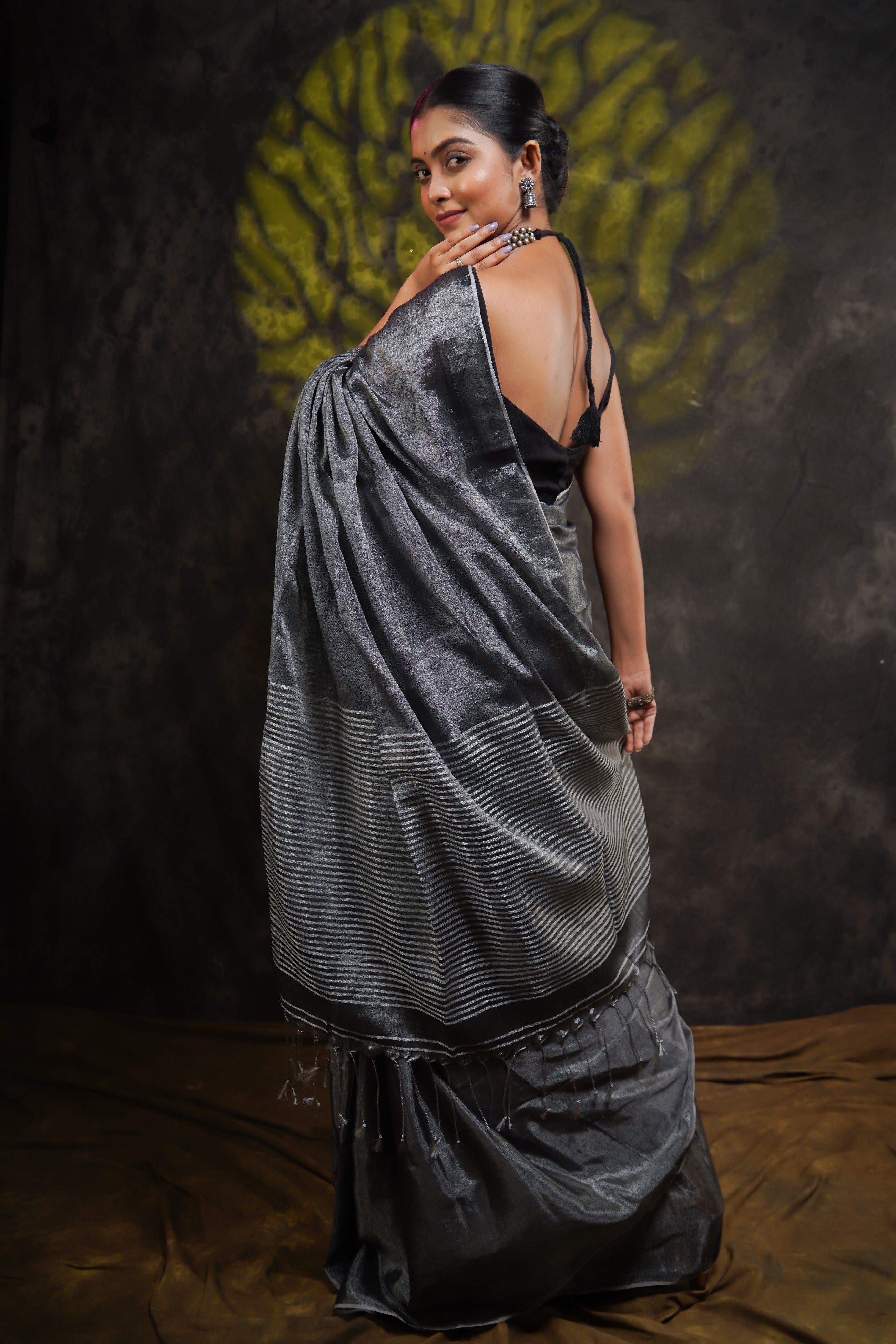 Lava Grey Dual Tone Pure Tissue Linen Saree