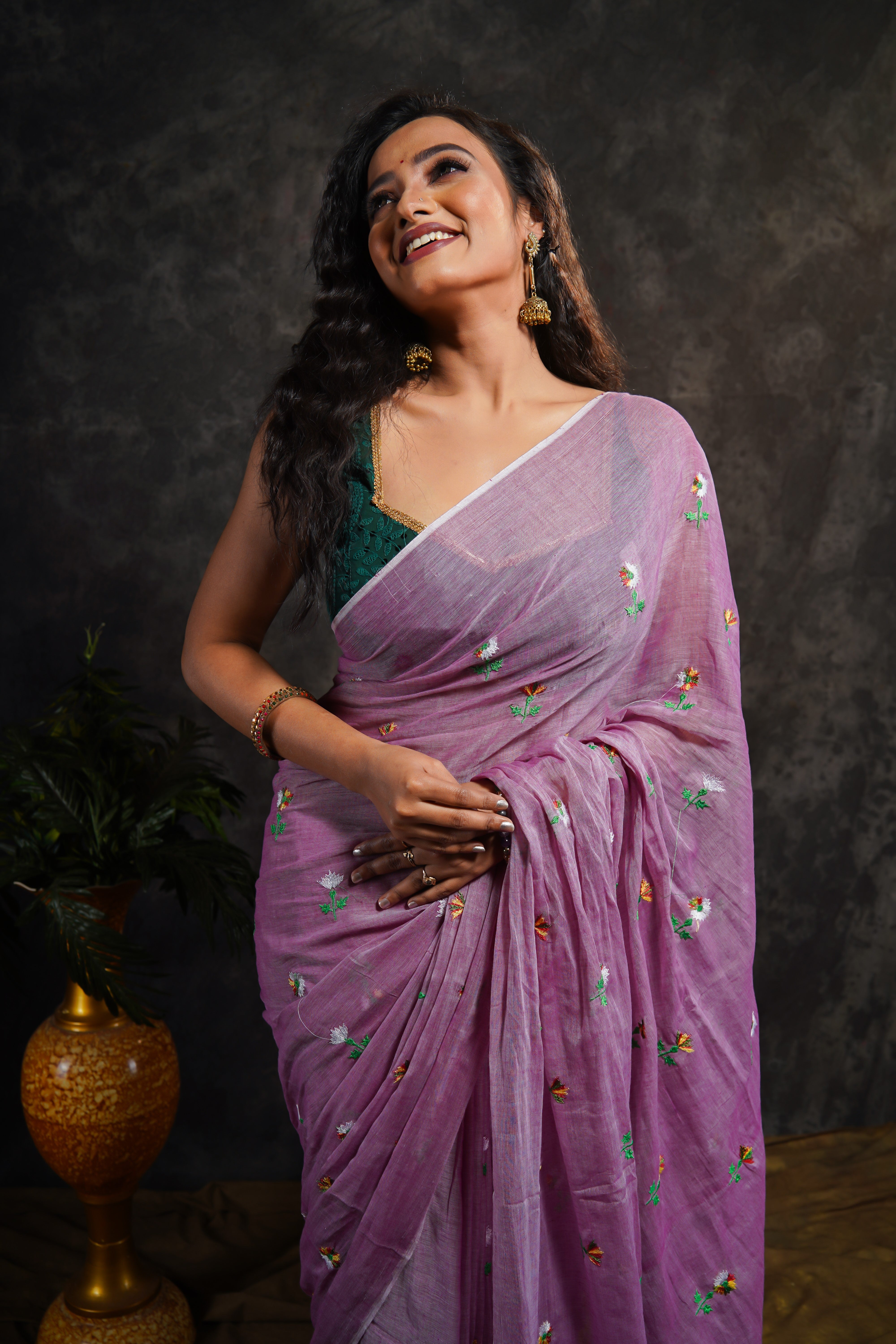 Lavender Embroidered Pure Mul Cotton Saree