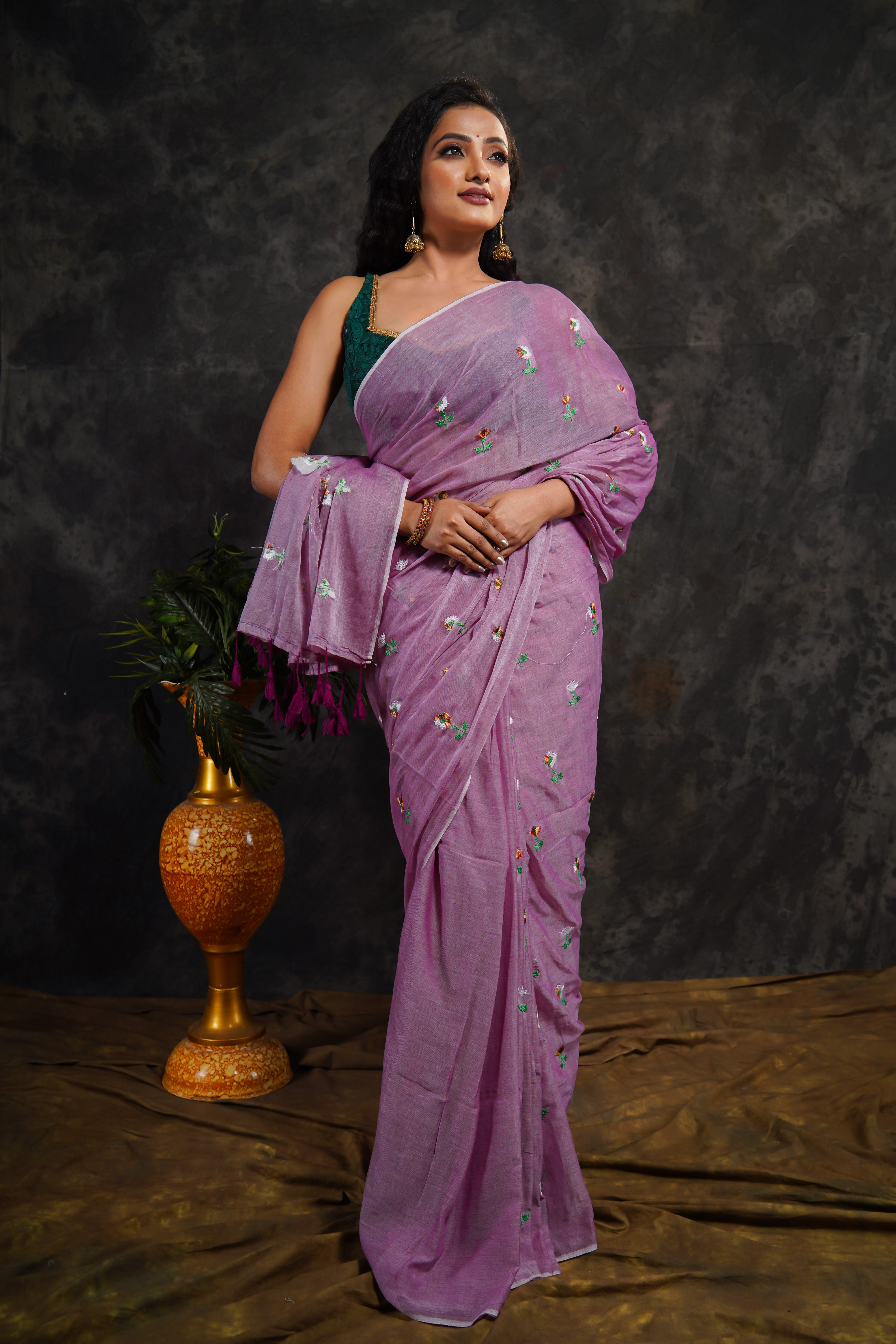 Lavender Embroidered Pure Mul Cotton Saree