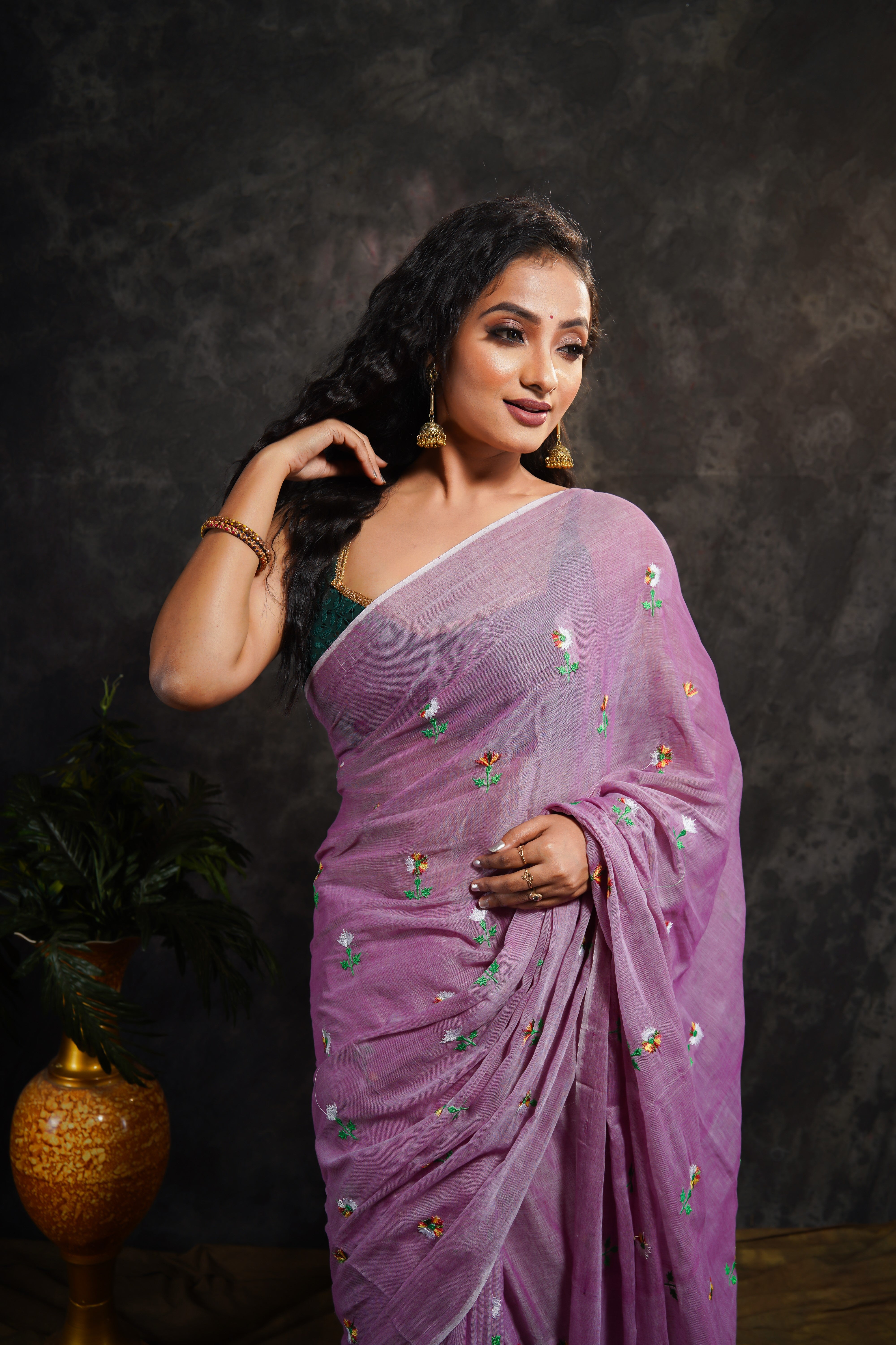 Lavender Embroidered Pure Mul Cotton Saree