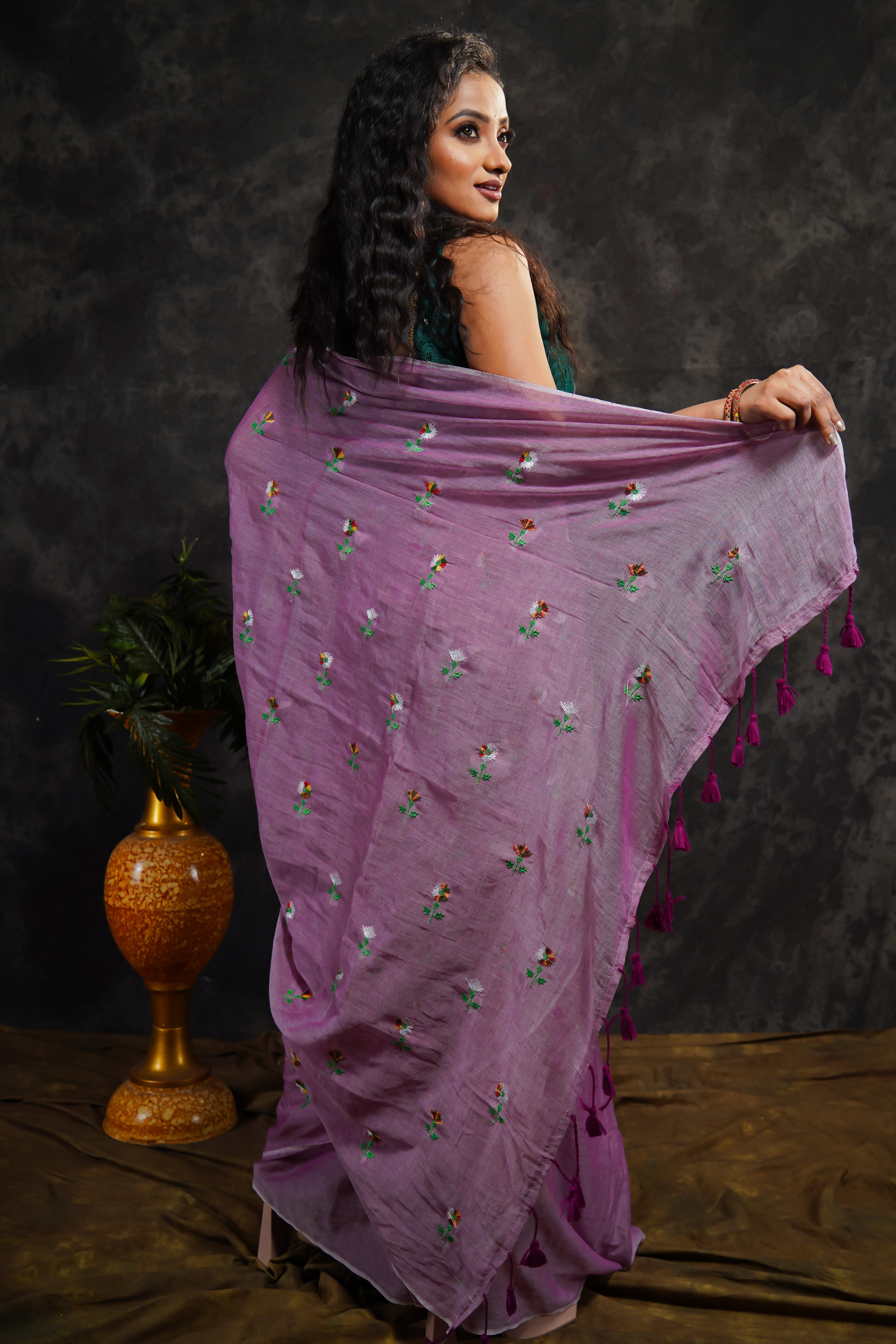 Lavender Embroidered Pure Mul Cotton Saree