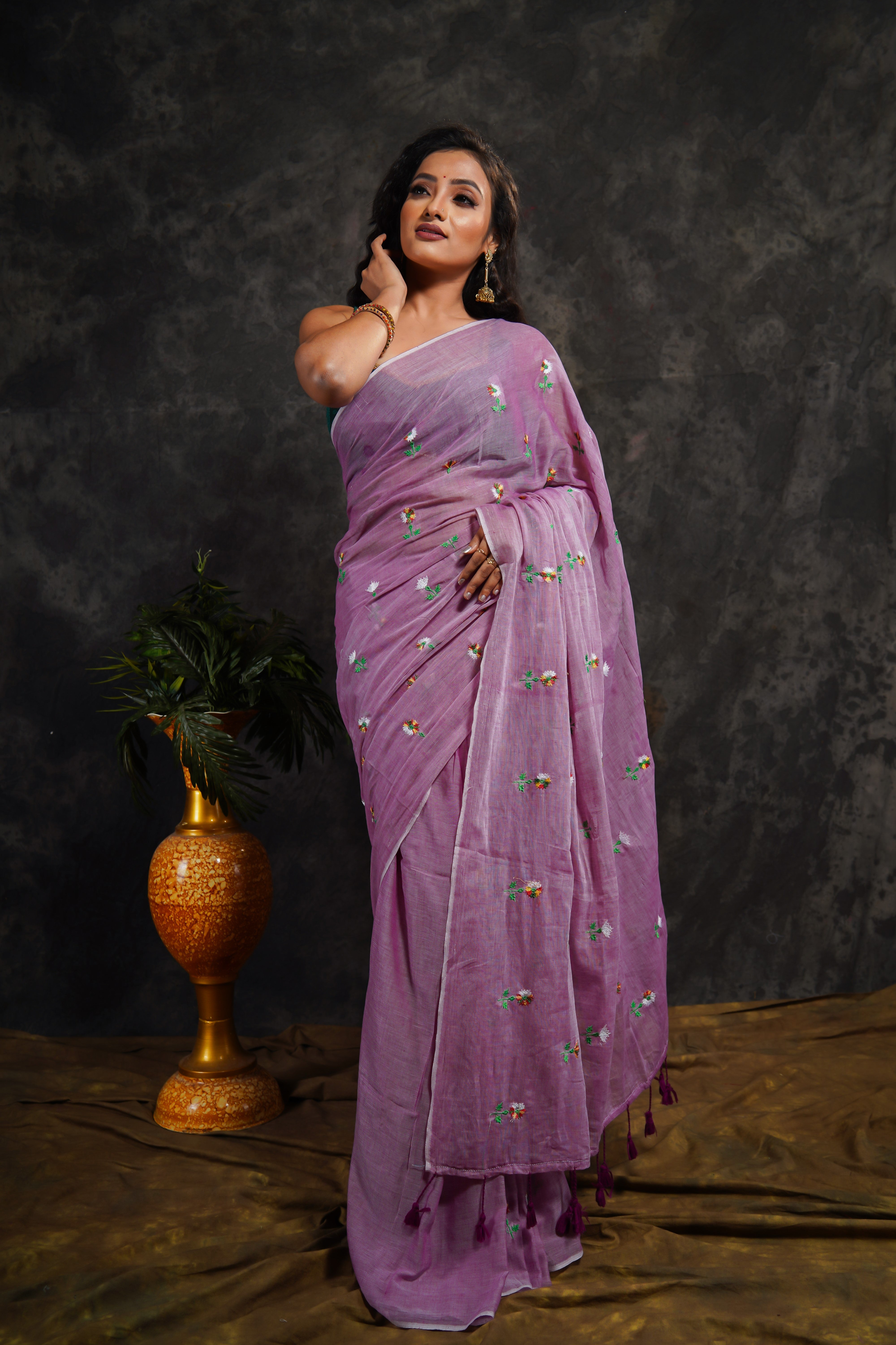 Lavender Embroidered Pure Mul Cotton Saree