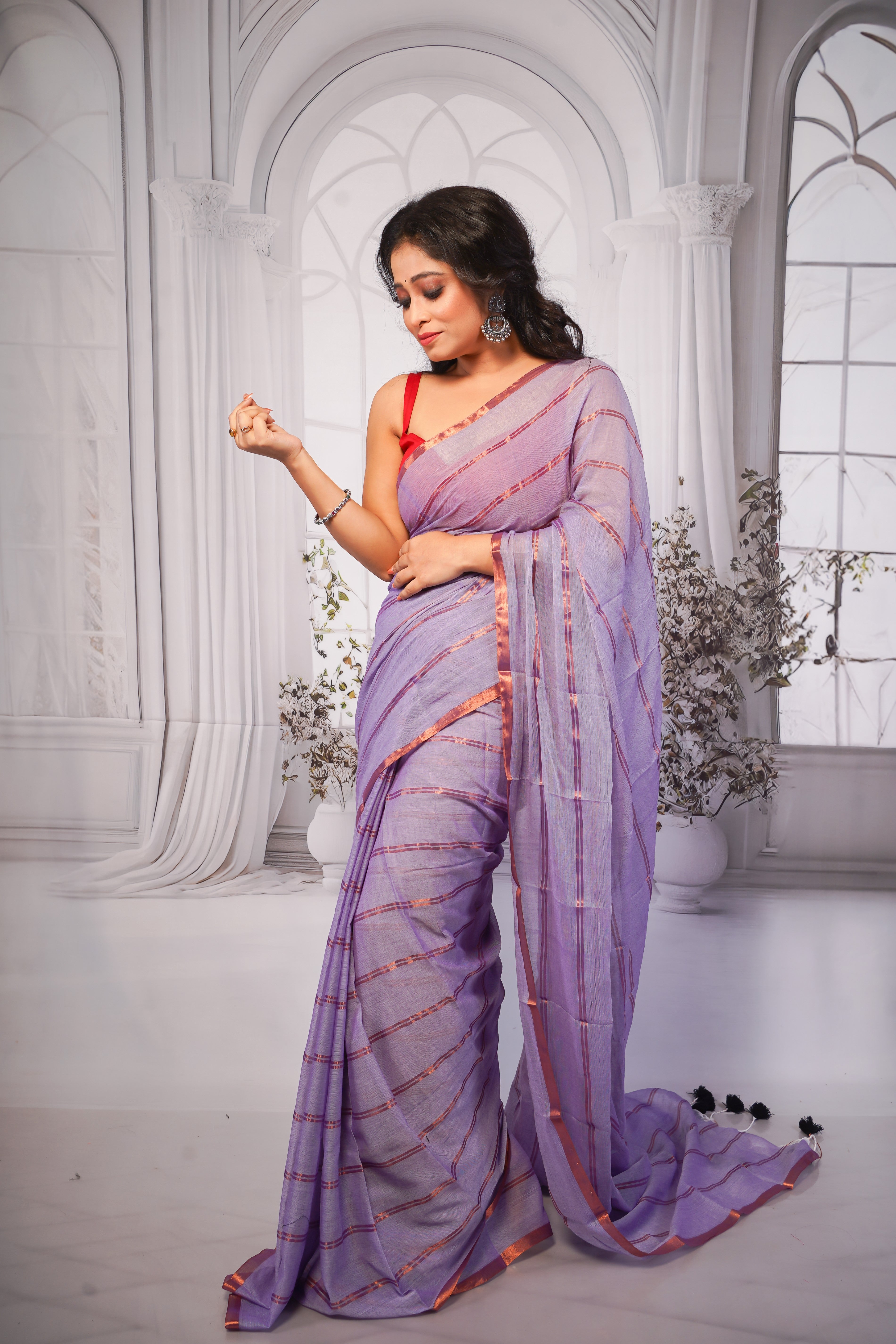 Lavender striped mulmul cotton saree