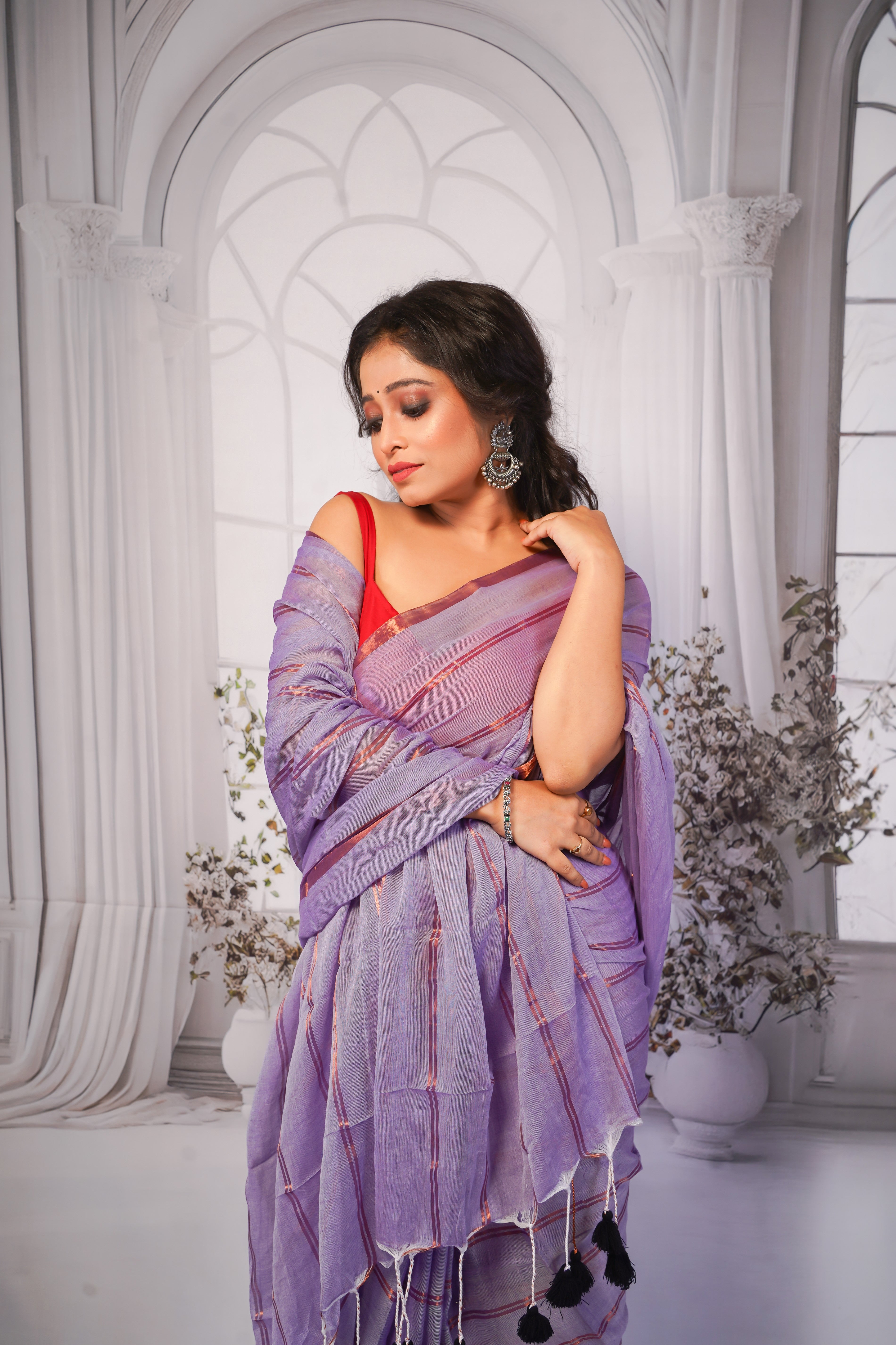 Lavender striped mulmul cotton saree