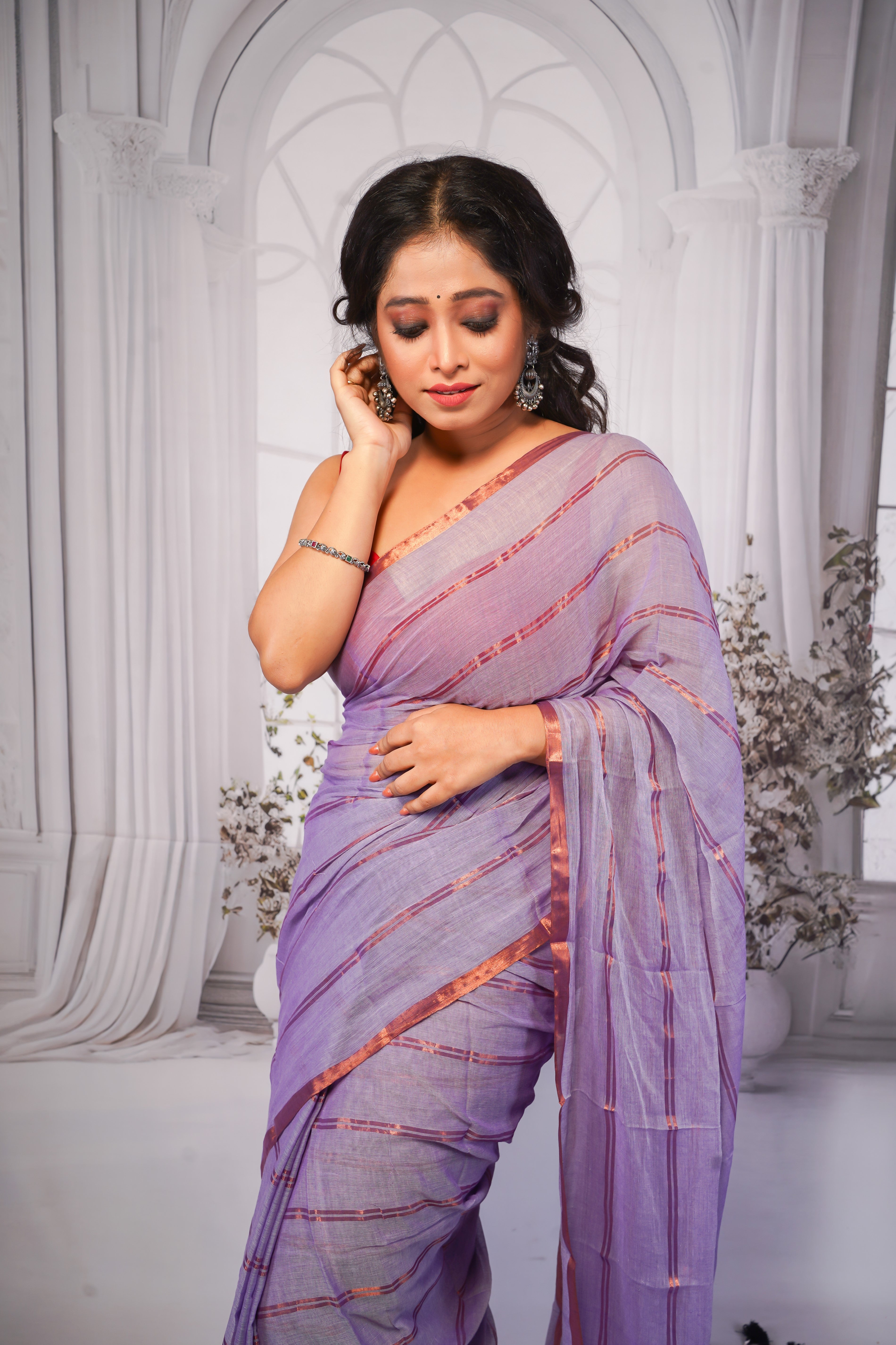 Lavender striped mulmul cotton saree