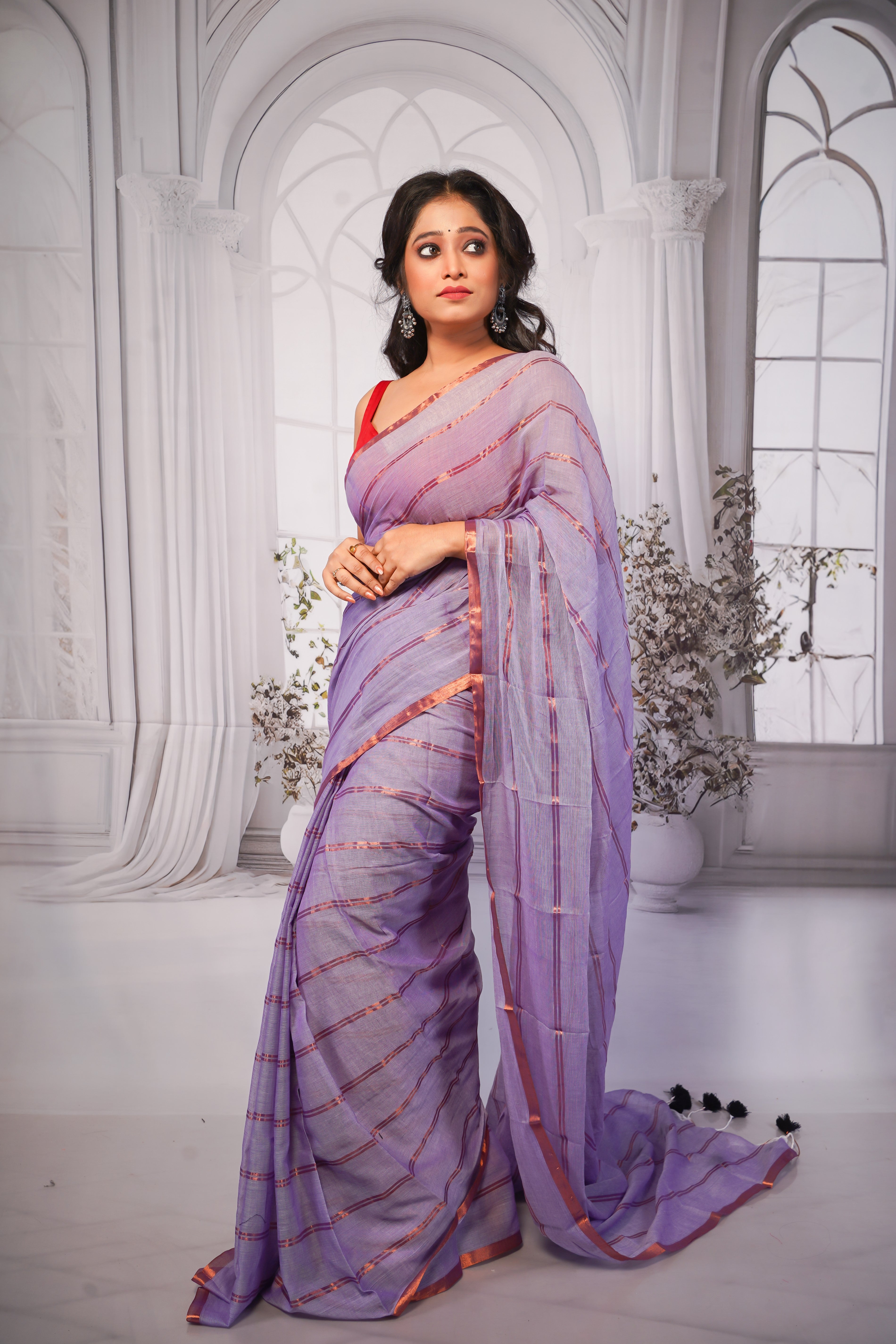 Lavender striped mulmul cotton saree