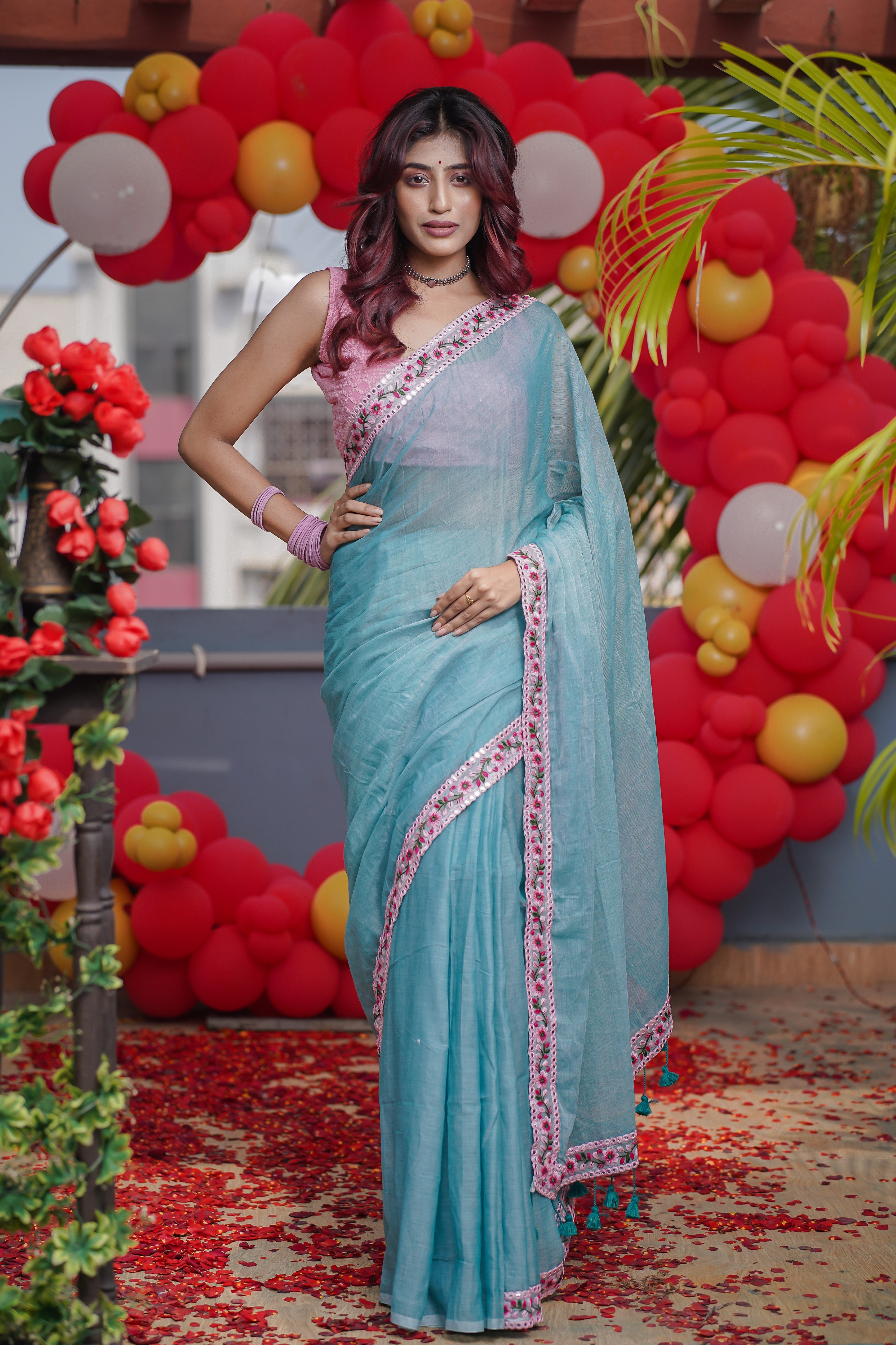 Light Blue Mulmul Cotton Saree