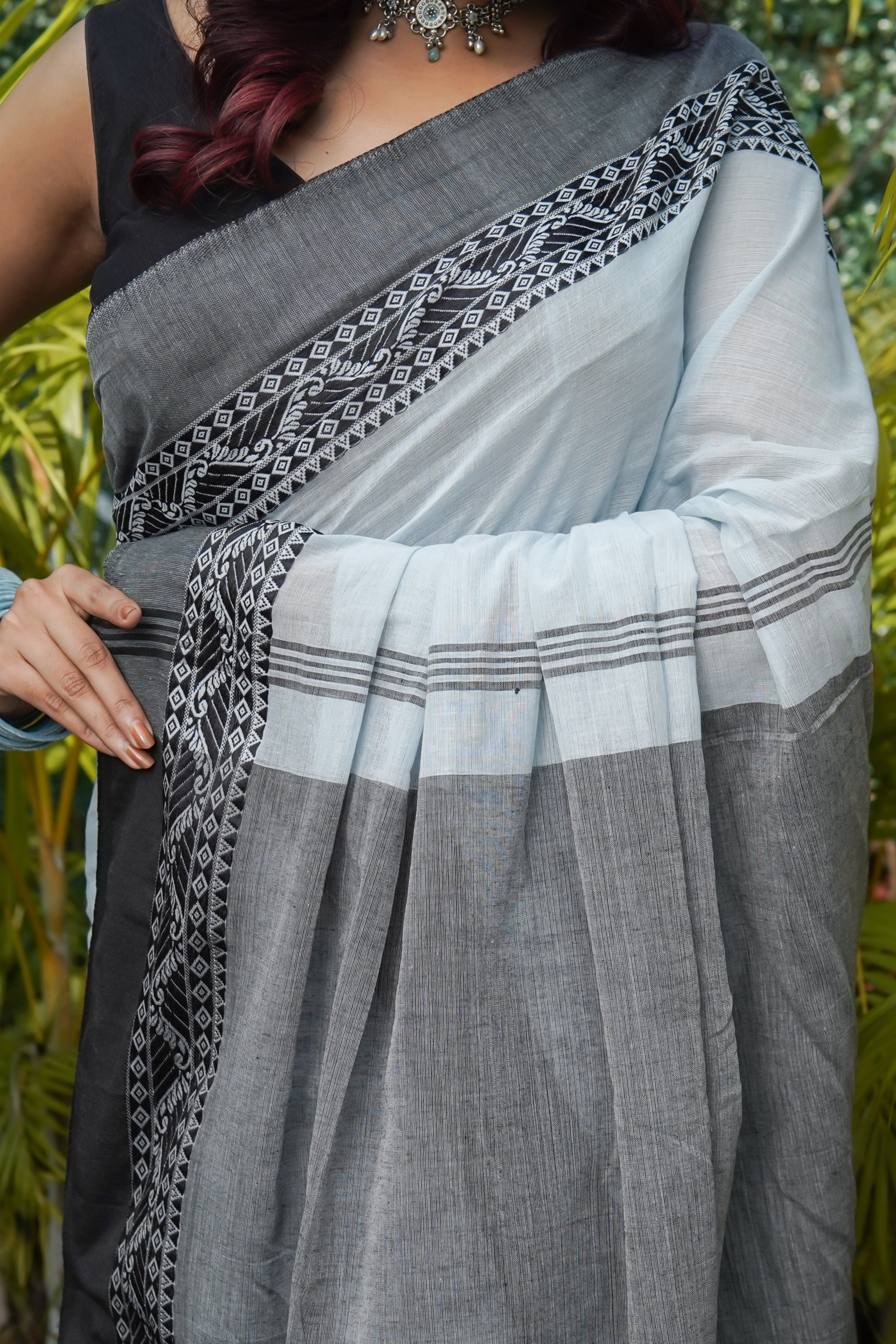 Light Blue & Black Pure Mulmul Cotton Saree