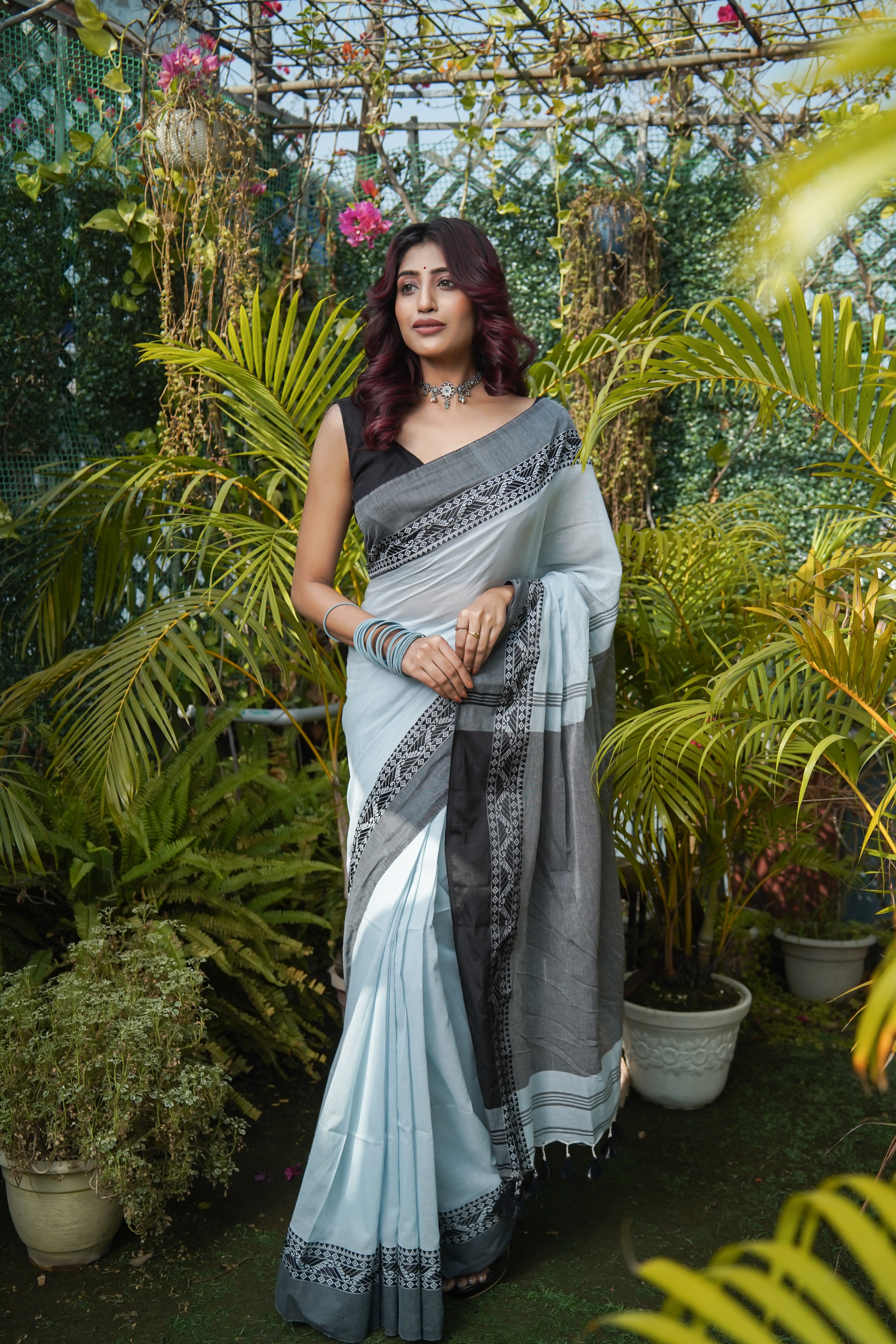 Light Blue & Black Pure Mulmul Cotton Saree