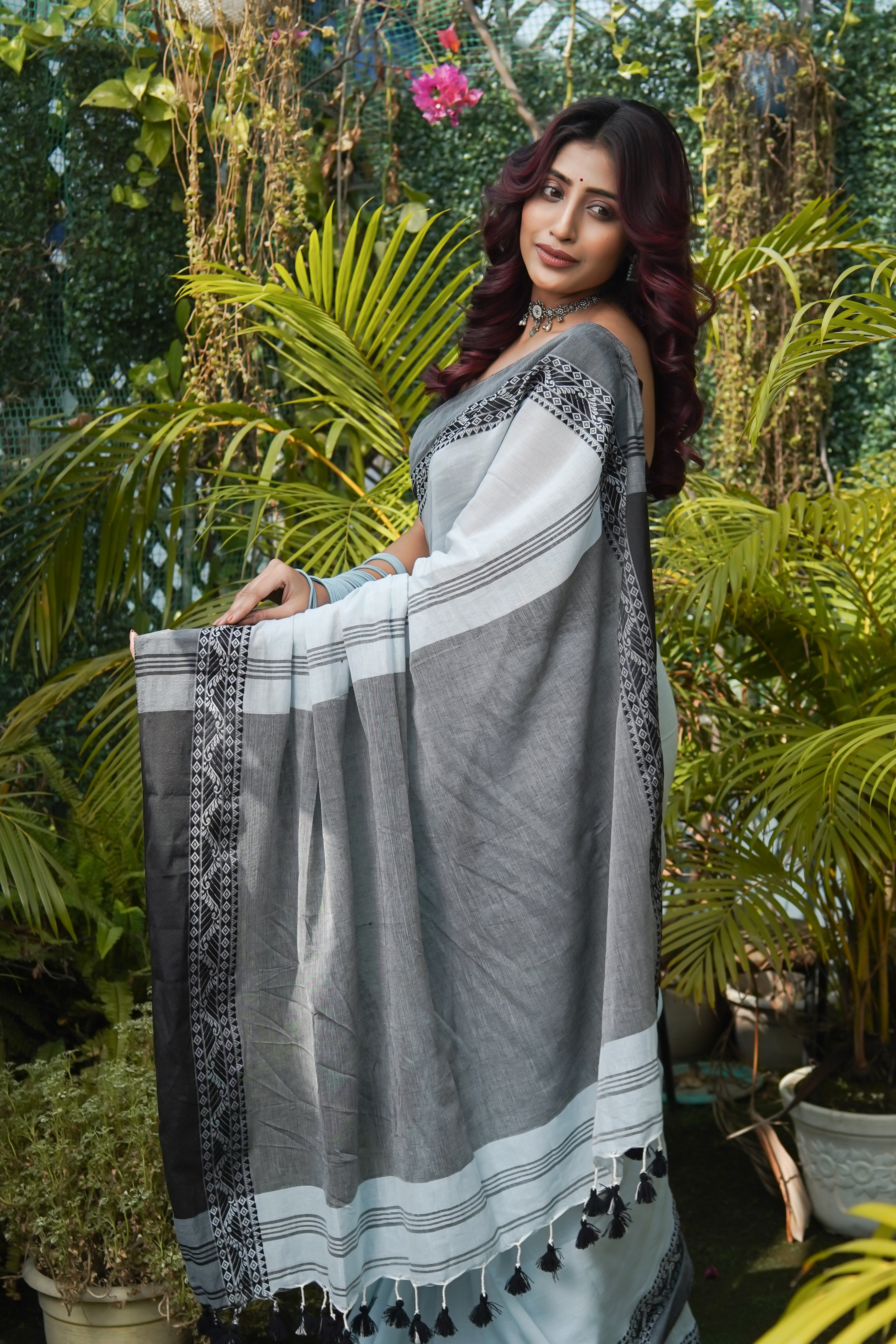 Light Blue & Black Pure Mulmul Cotton Saree