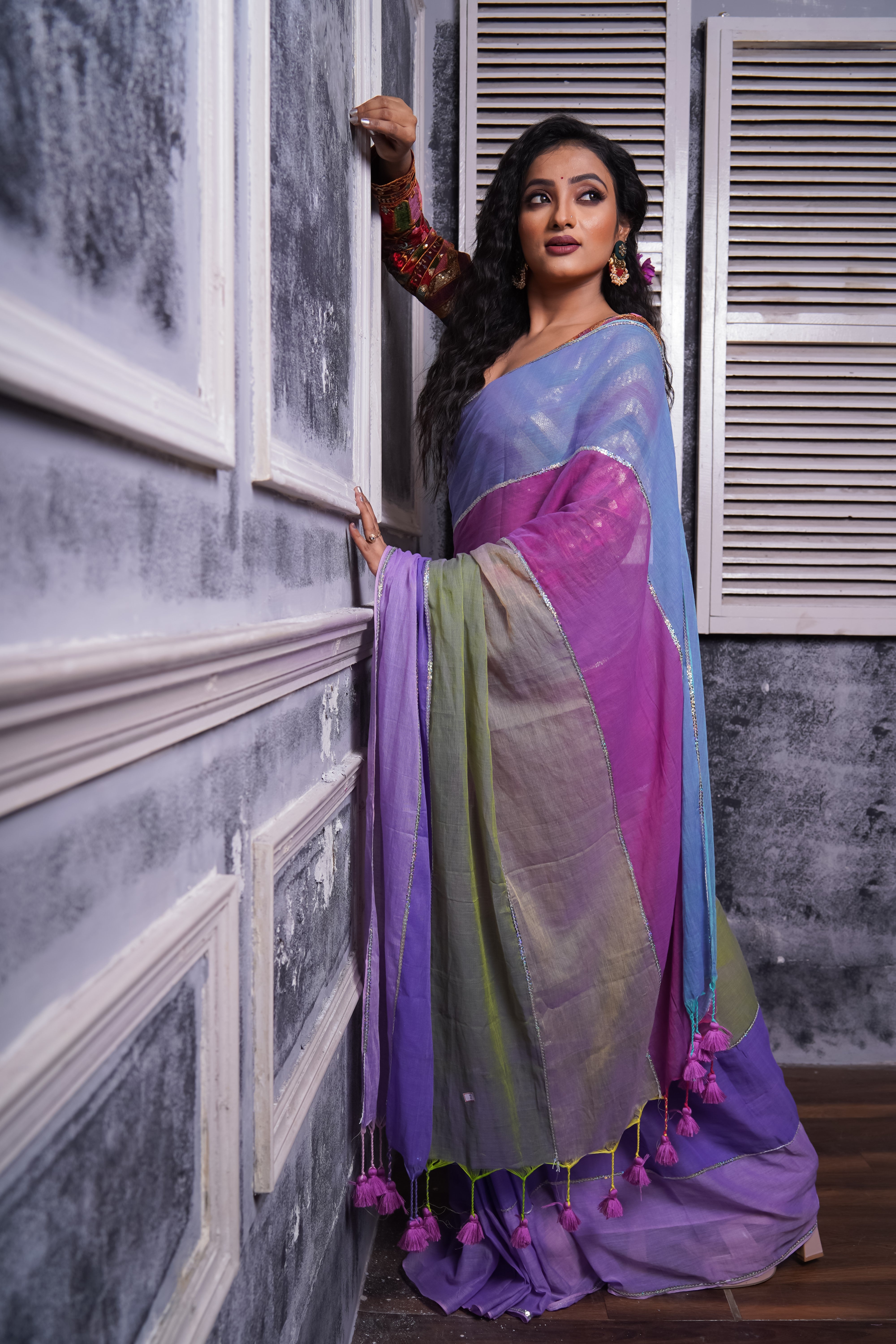 Light Purple Multi Rainbow Sequence Work Pure Mul Cotton Saree