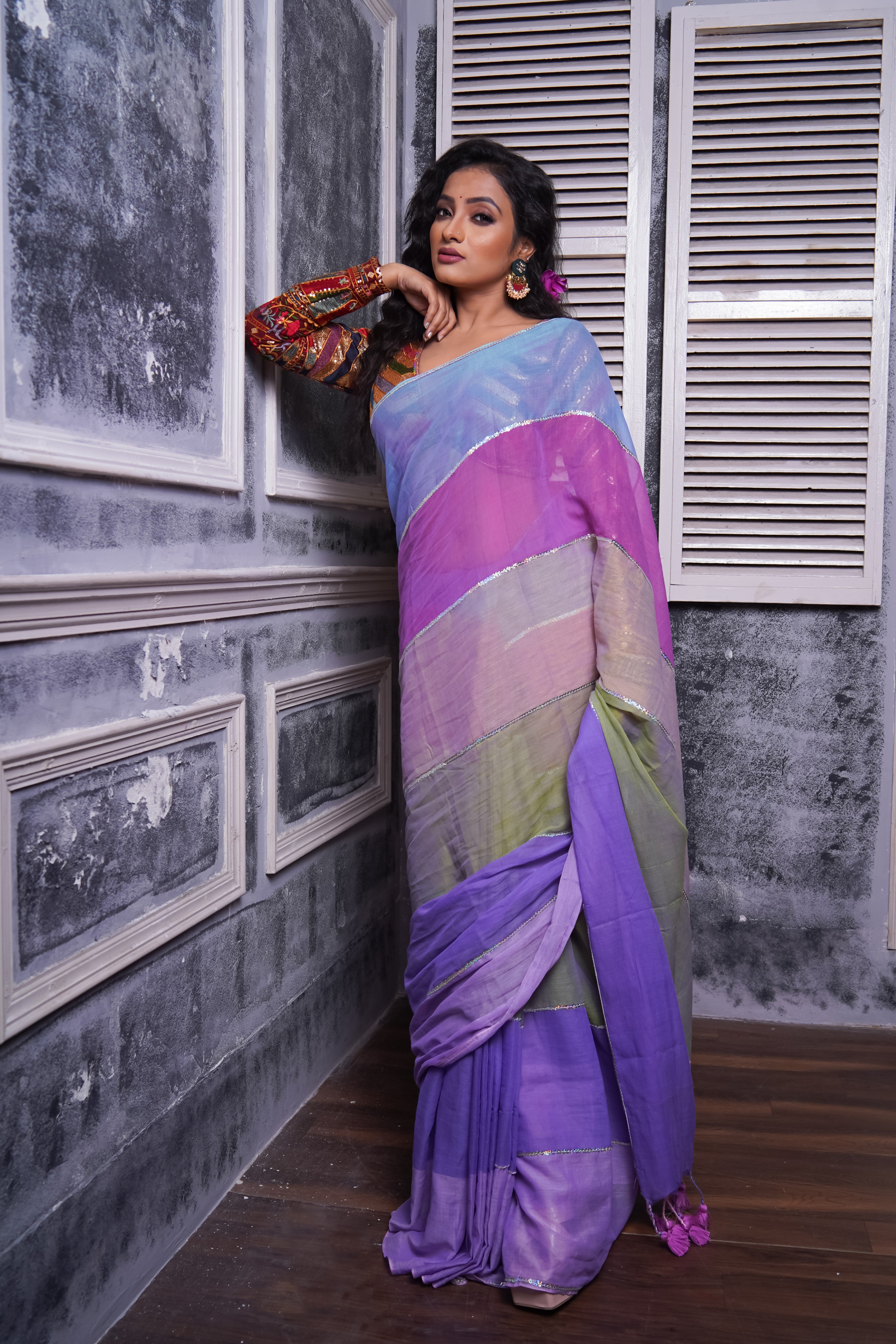 Light Purple Multi Rainbow Sequence Work Pure Mul Cotton Saree