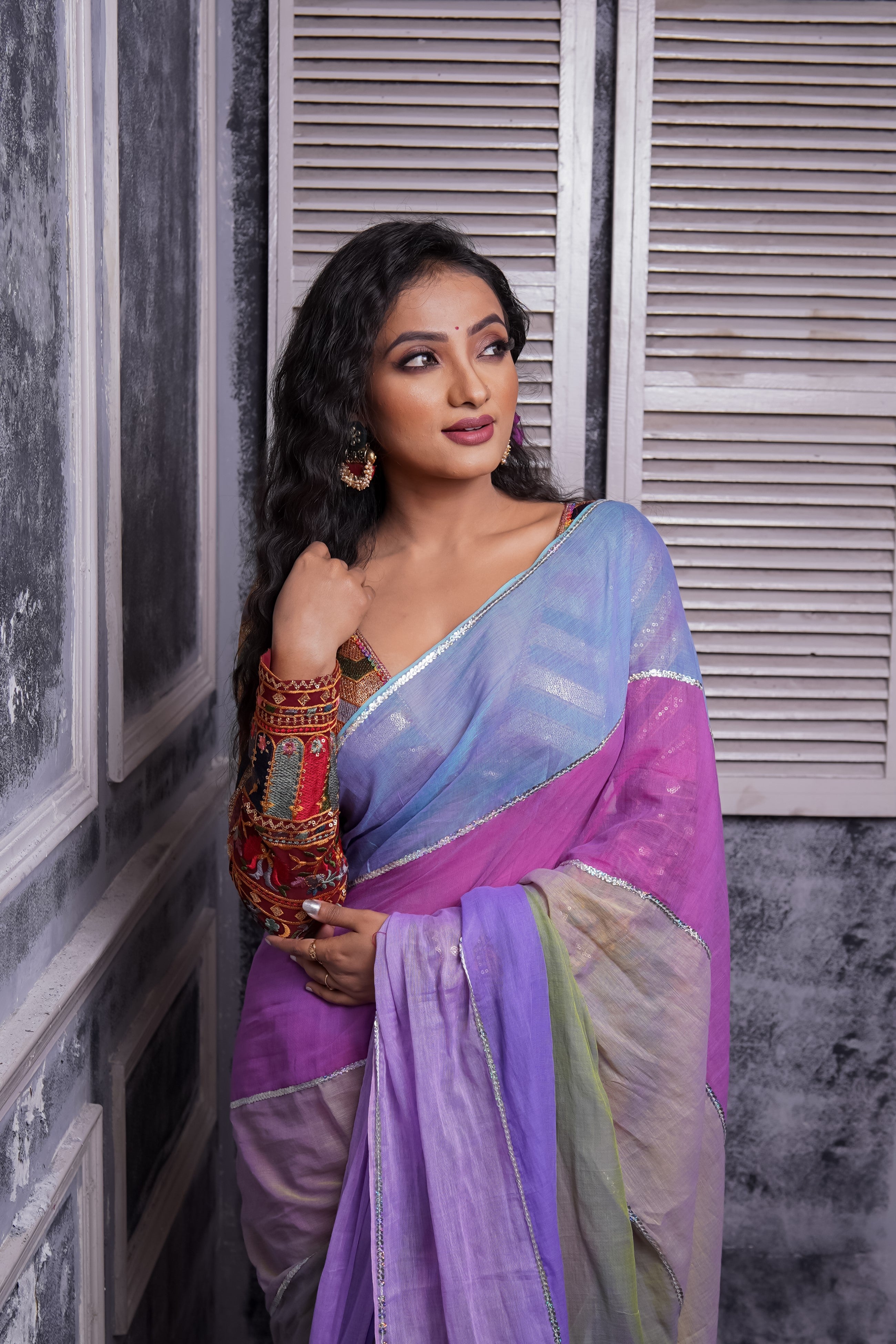 Light Purple Multi Rainbow Sequence Work Pure Mul Cotton Saree