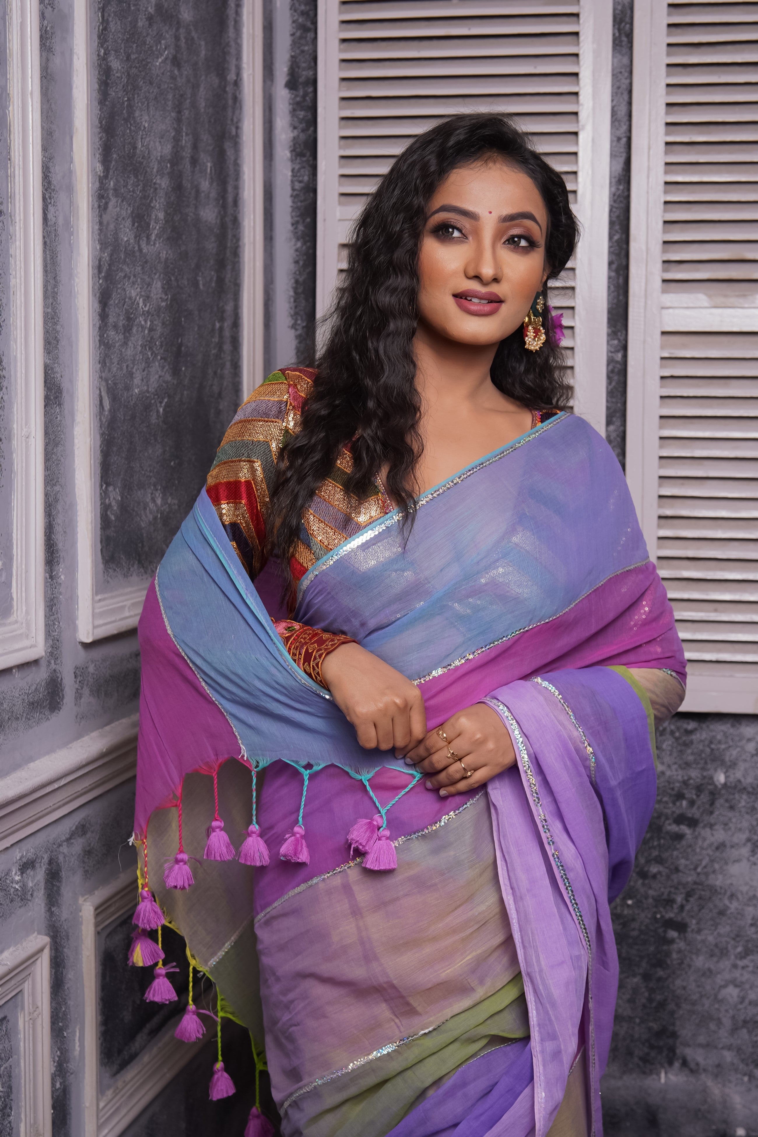 Light Purple Multi Rainbow Sequence Work Pure Mul Cotton Saree