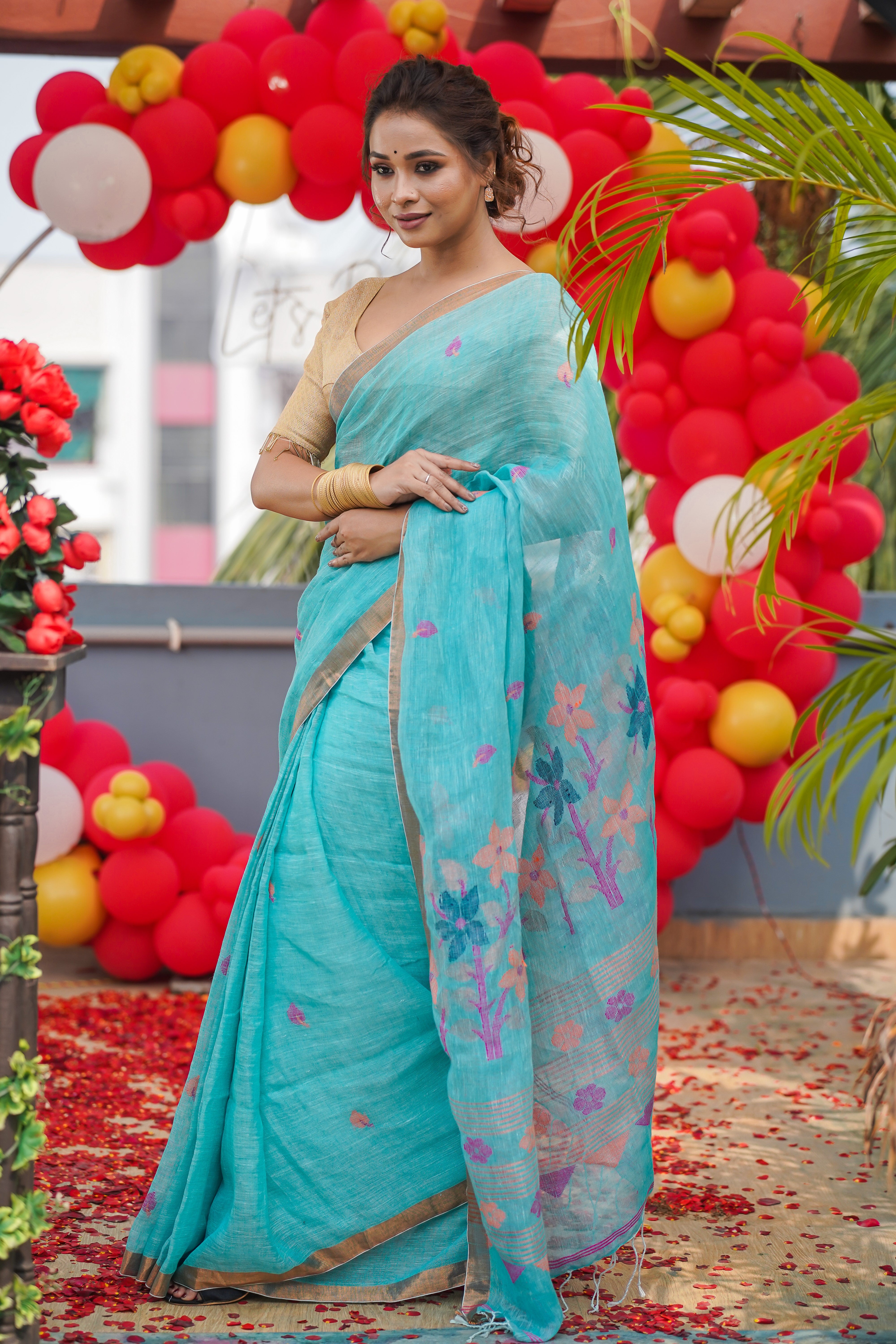 Light blue Pure Linen Handwoven Jamdani Saree