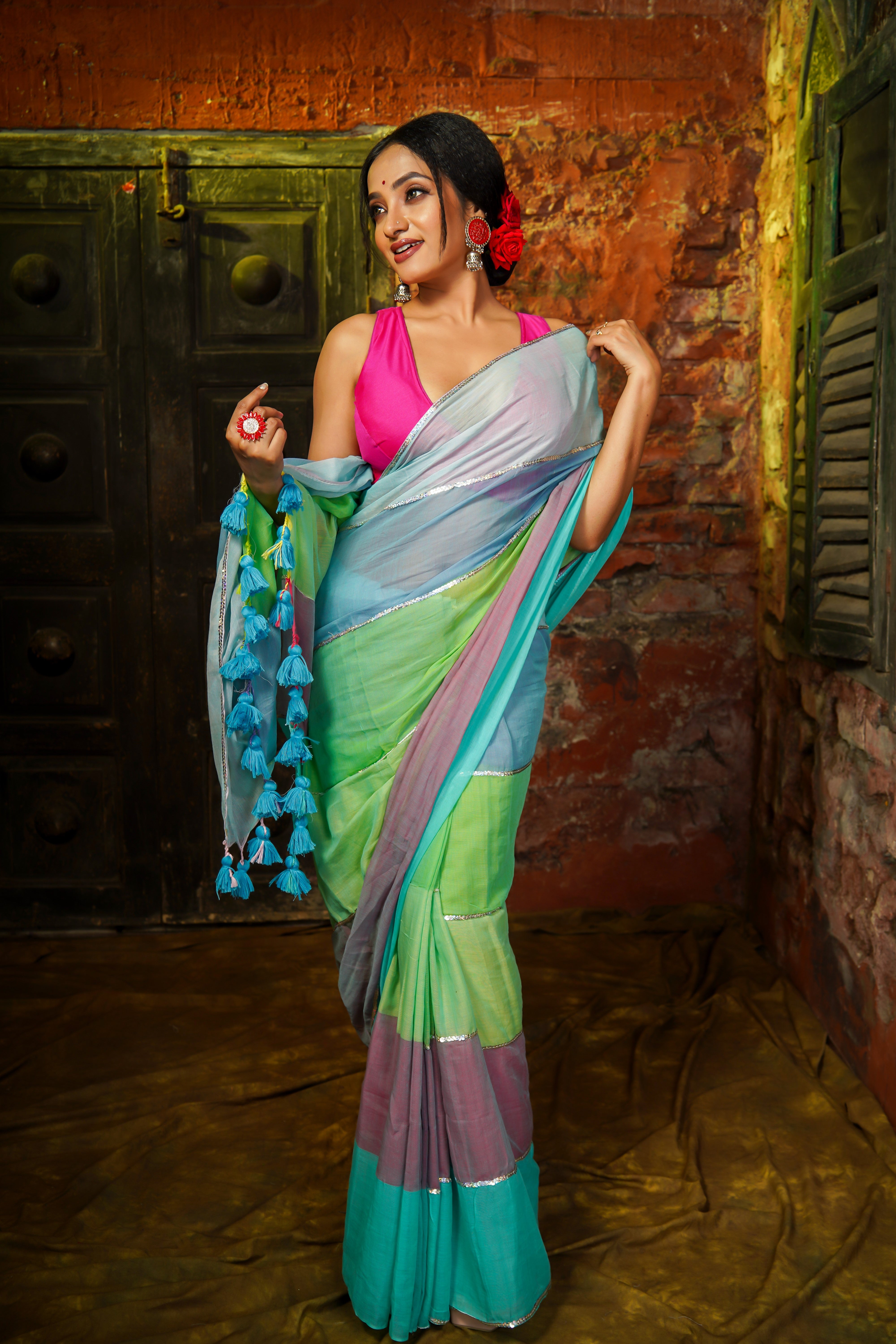 Light Blue Multi Rainbow Sequence Work Pure Mul Cotton Saree