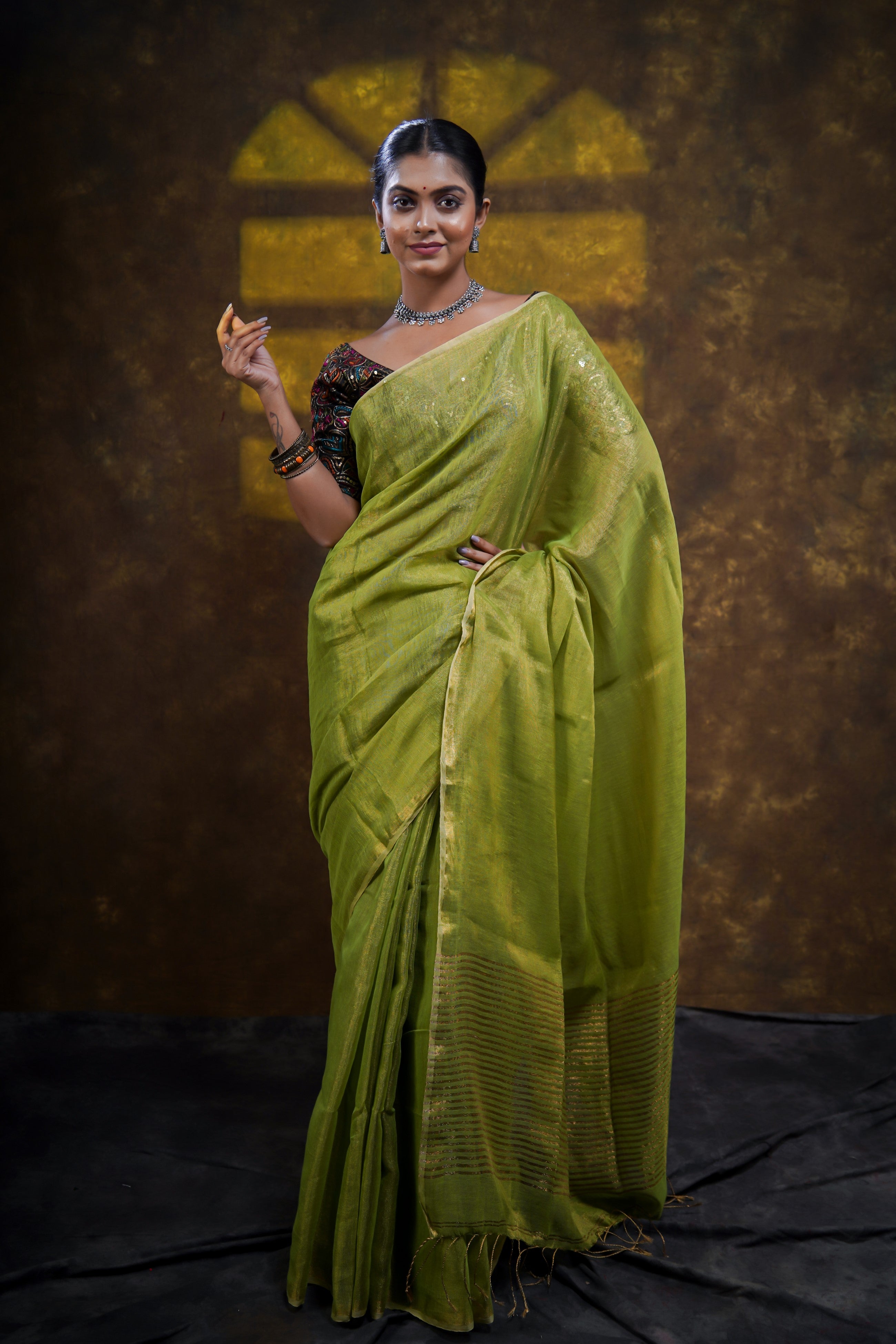 Lime Green Dual Tone Pure Tissue Linen Saree